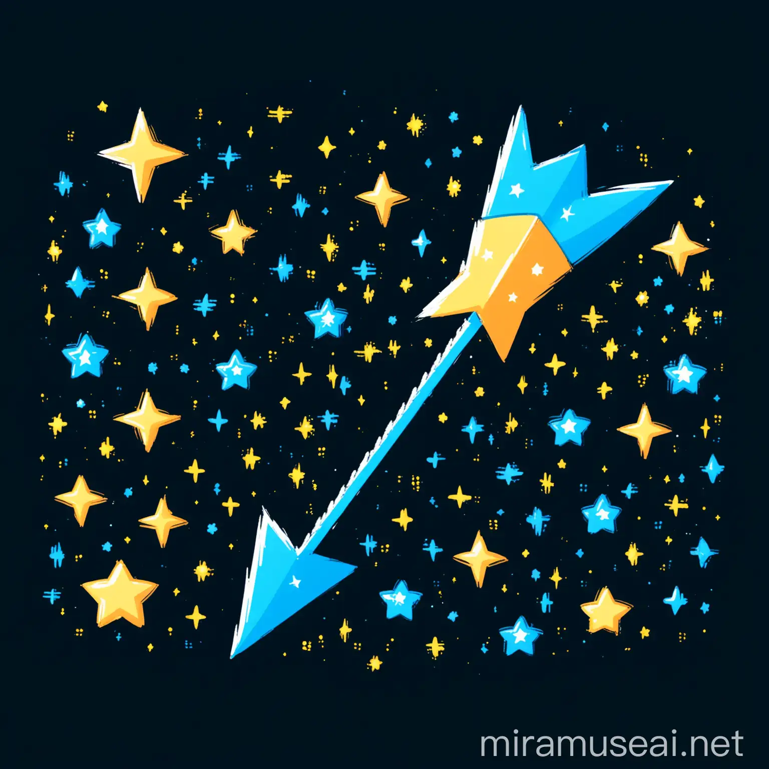 fantasy magic arrow, blue arrow with stars, cartoon, black background