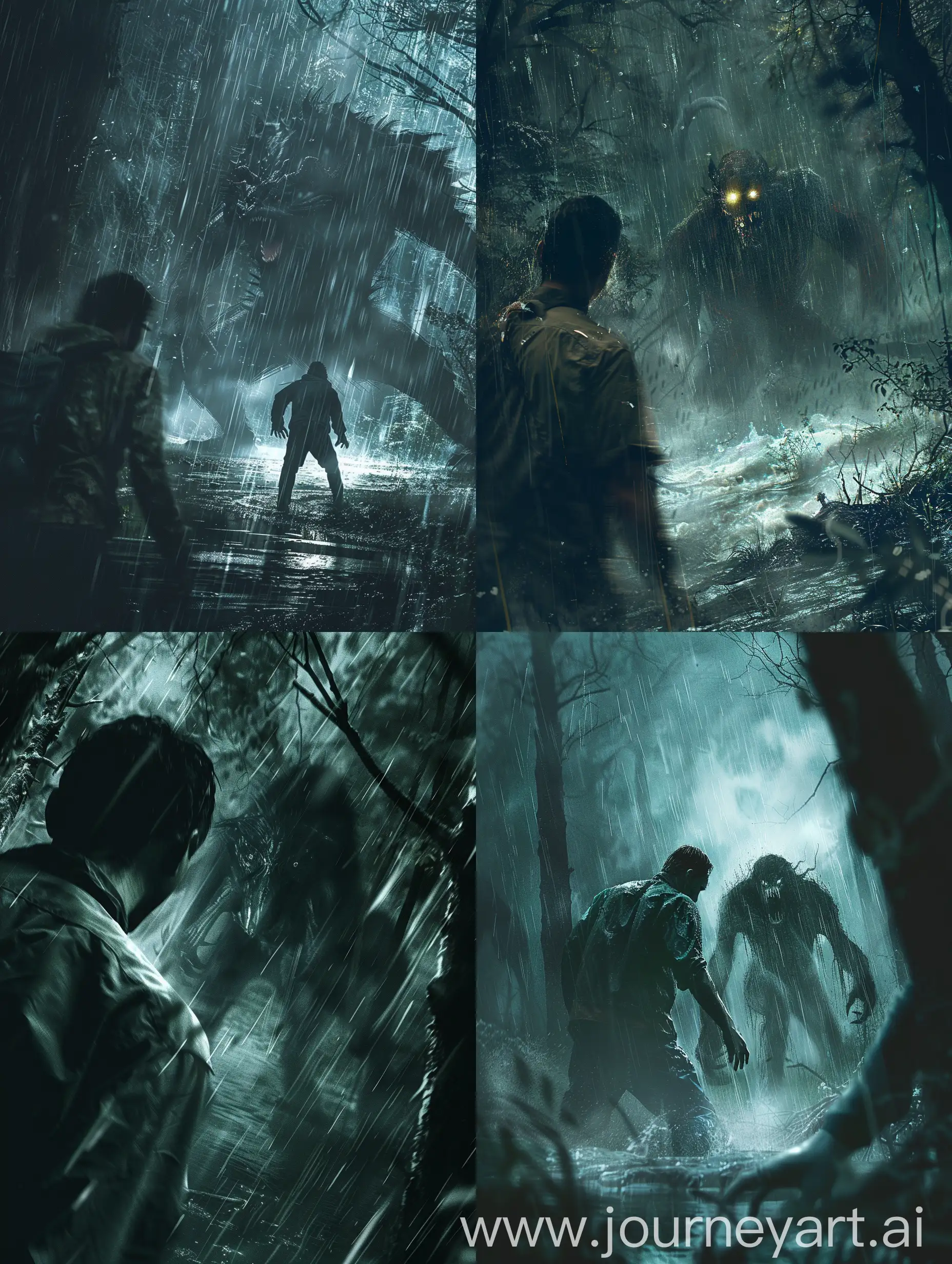 A man is in a dark and rainy forest, an evil creature is lurking behind him, cinematic