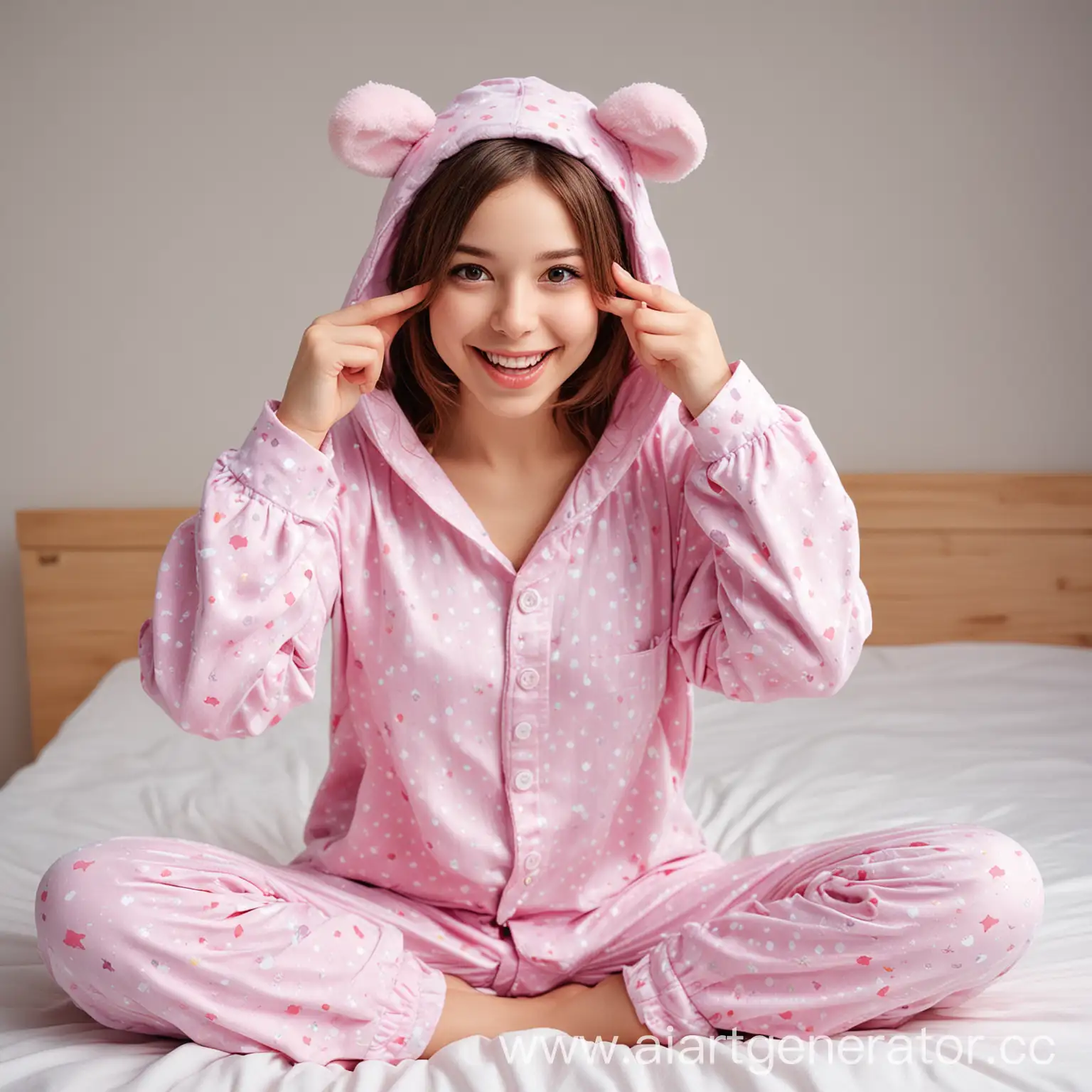Cheerful-Girl-in-Pajamas-Kigurumi-Posing-with-Teddy-Bear
