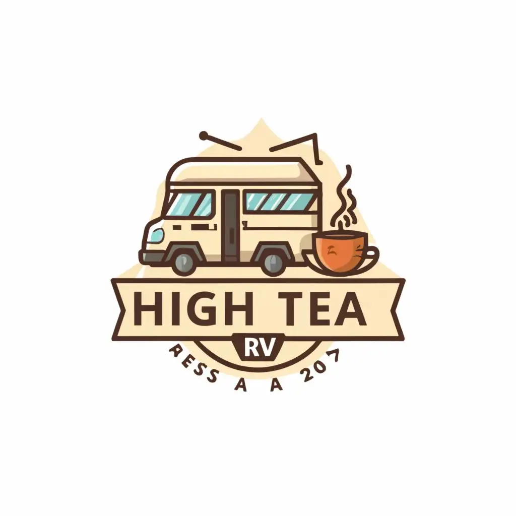a logo design,with the text "a logo design,with the text 'High Tea RV'", main symbol:Class A motorhome & a pot of tea with two cups on a table beside a campfire, in the forest,Moderate,be used in Travel industry,clear background
