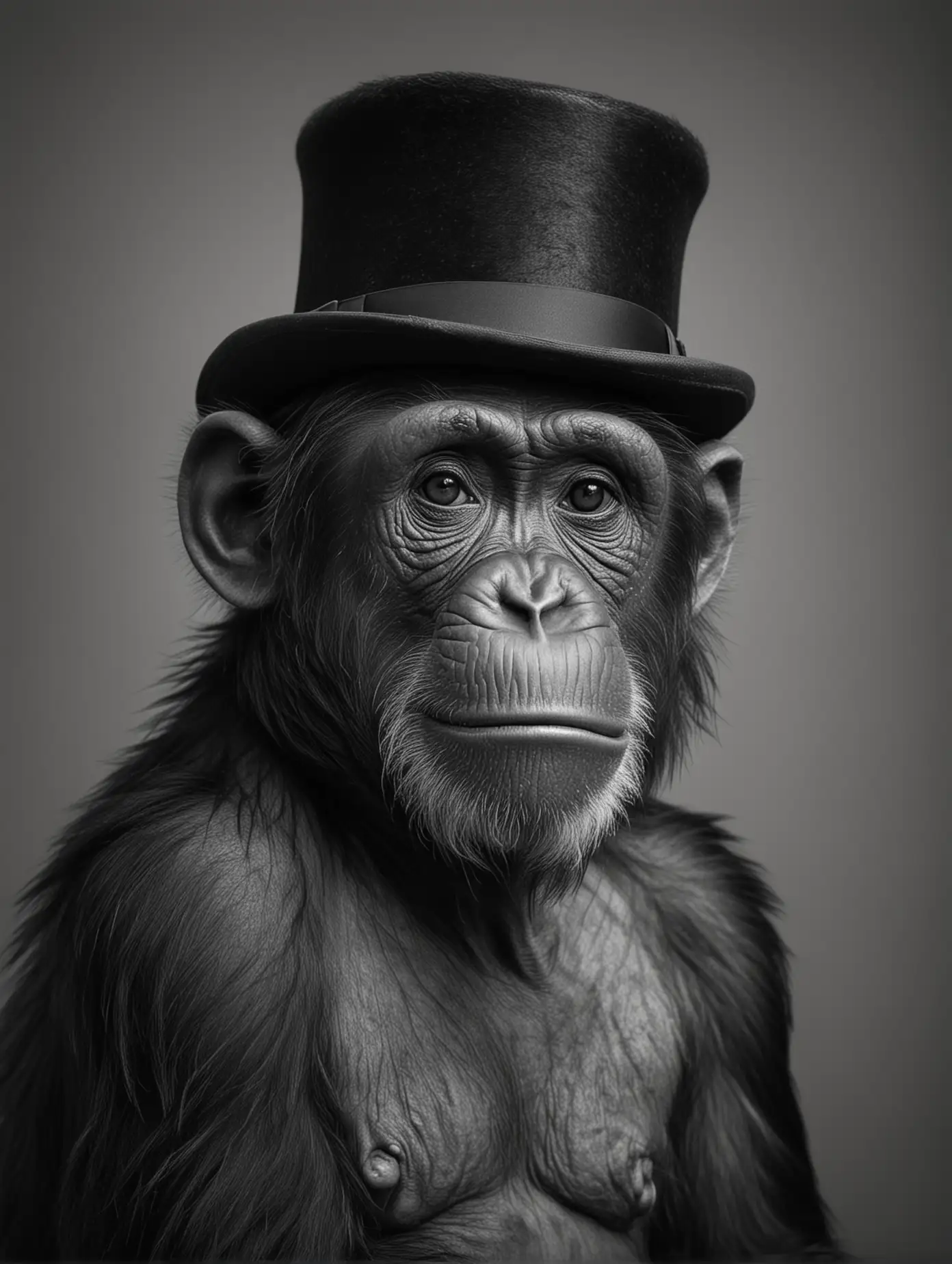 Chimpanzee with a black top hat, sad, black andd white, very clear and 4k quality photo