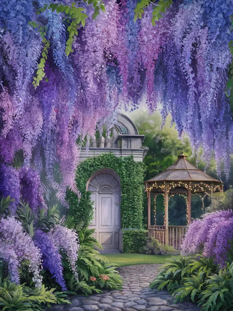 Tranquil-Garden-Landscape-with-Wisterias-Blossoming