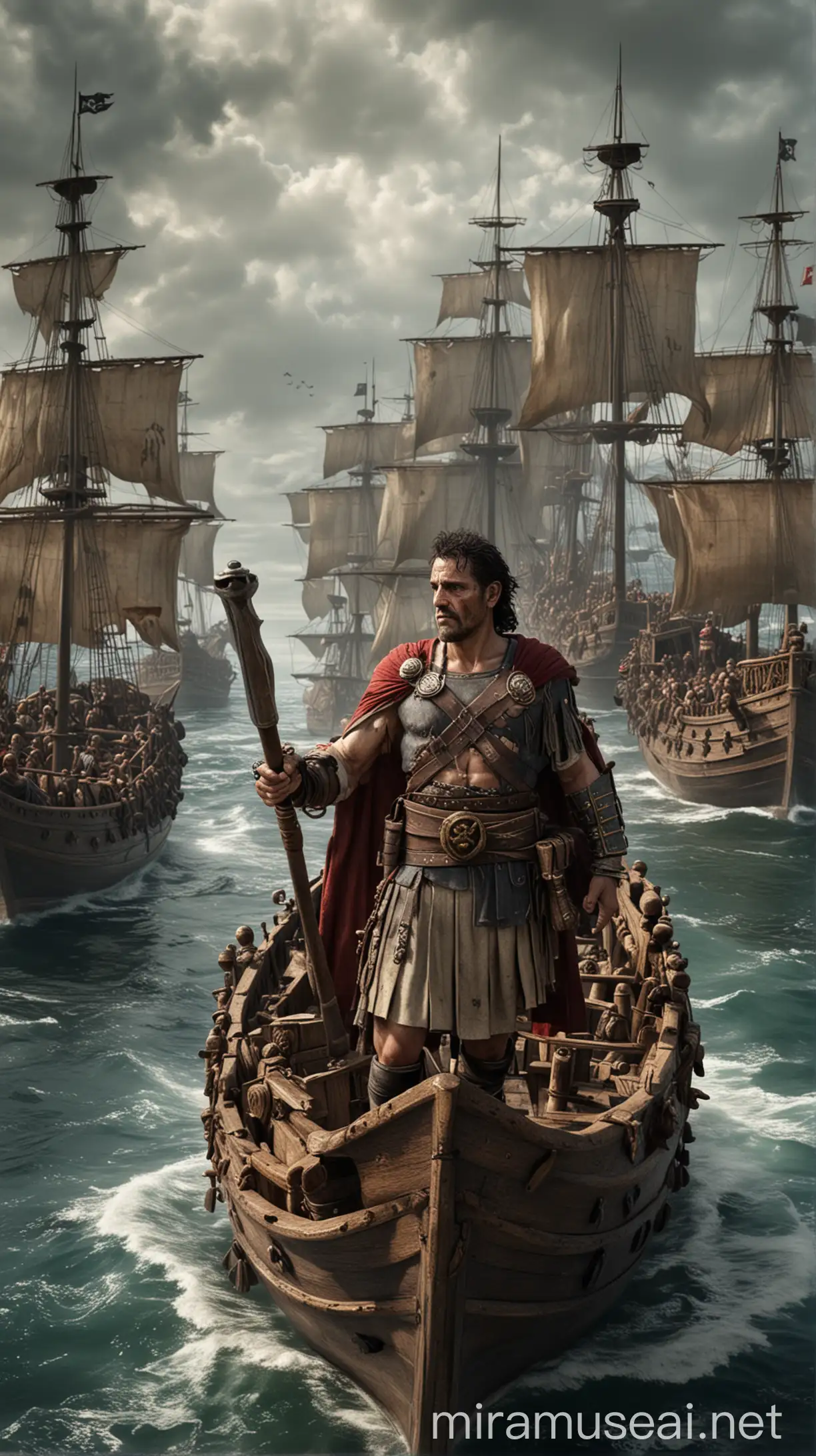 Caesar leading a fleet of ships back to the pirates' stronghold, determined and prepared for battle. hyper realistic