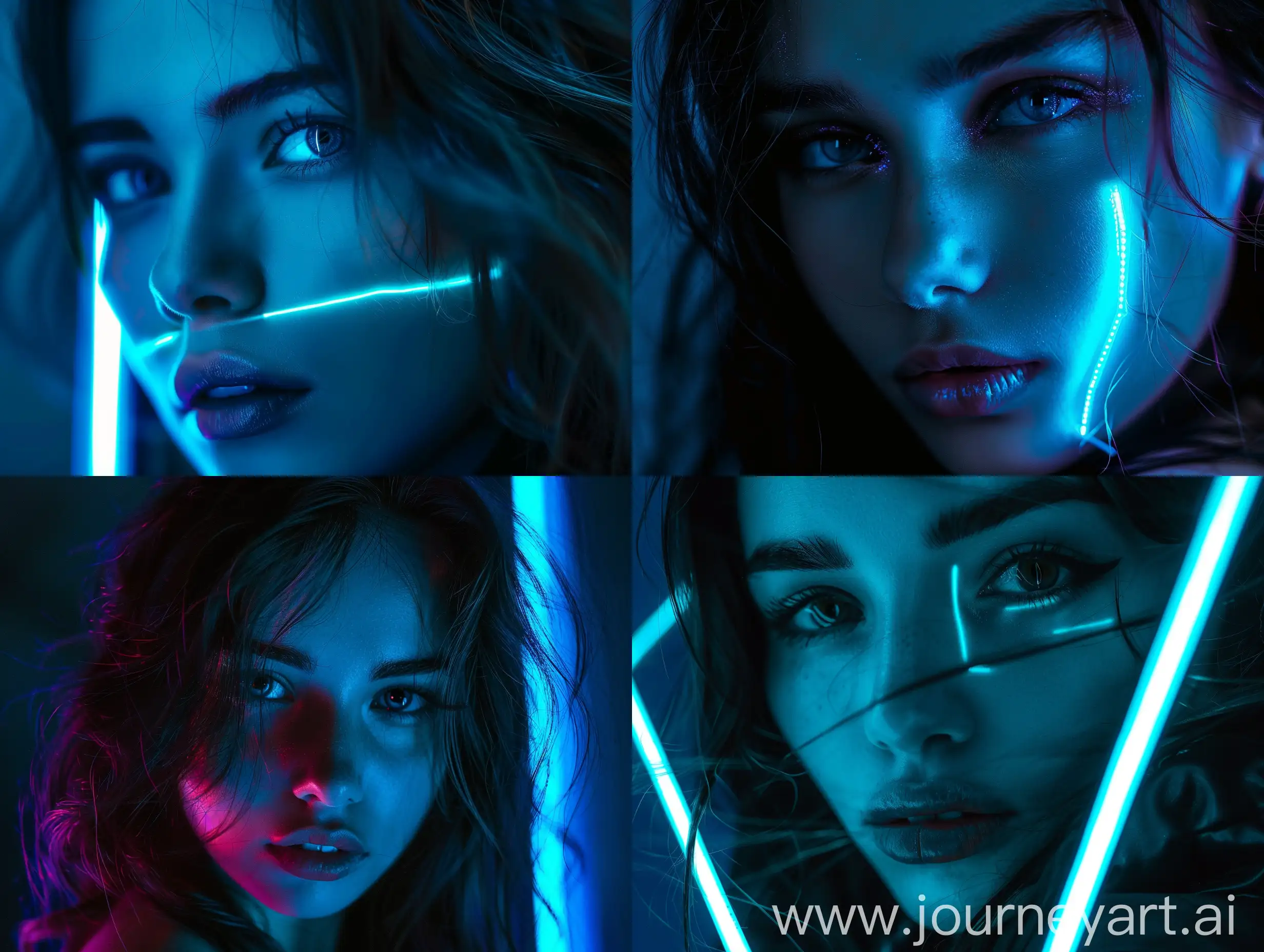 beautifull hot cute girl in dark backgroud , on girl face some blue neon light lines, dramatic pic, photoshop logo , youtube logo , dark tone theme