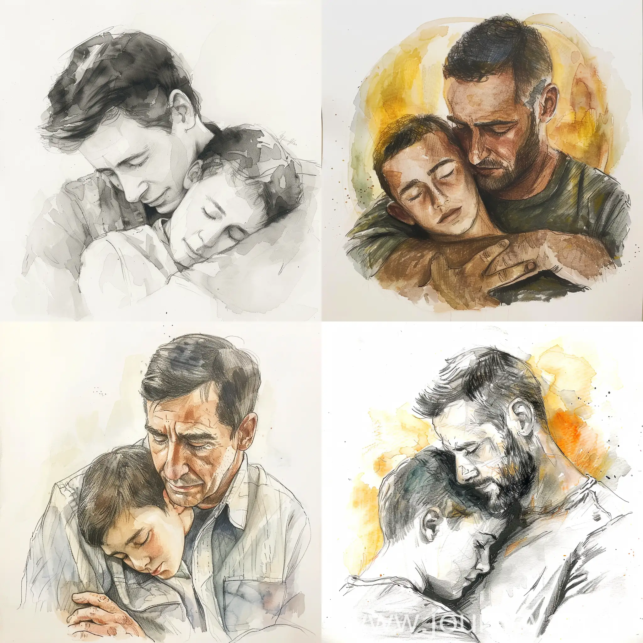 Pencil and watercolor art of a son in the embrace of his father. The son’s head resting on the father’s chest