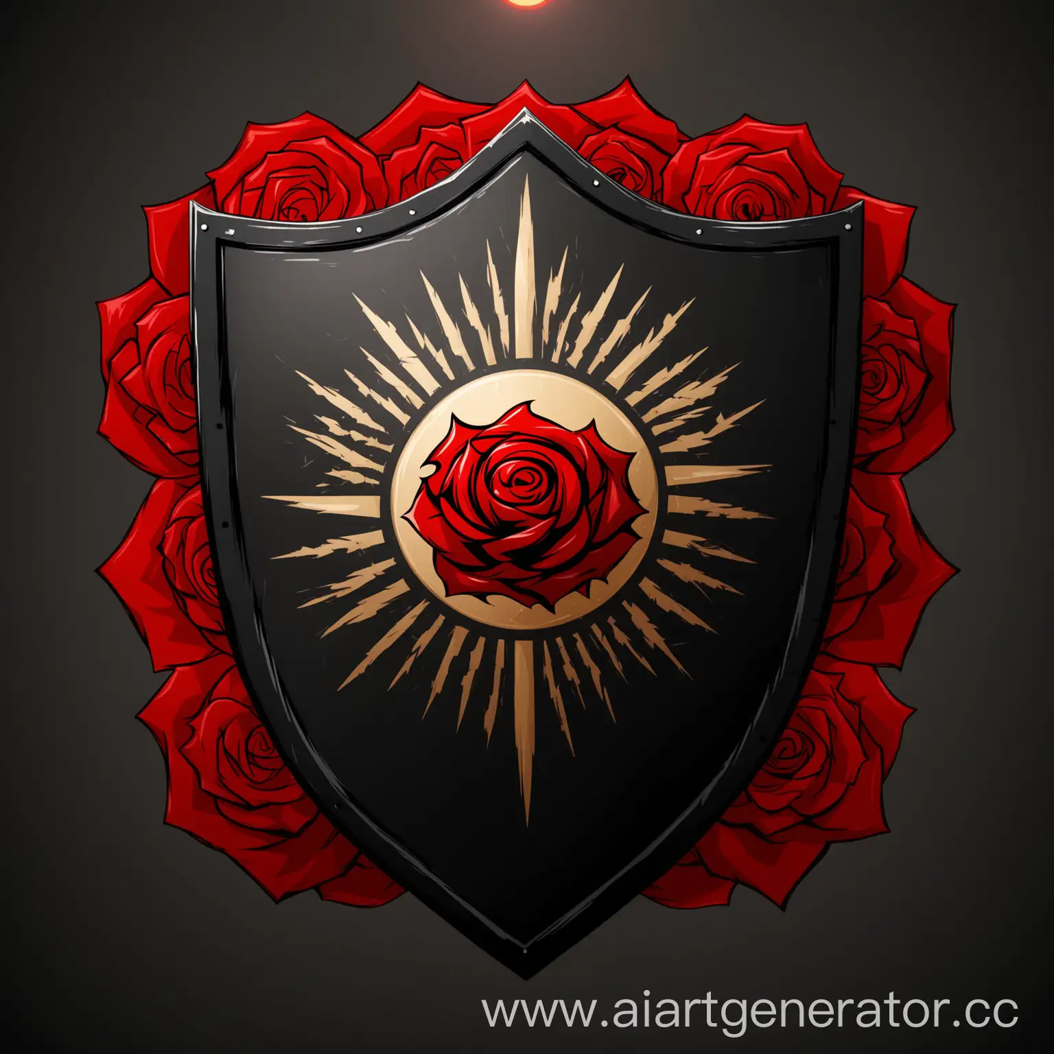 Minimalist-Black-Rhomboidal-Shield-with-Red-Sun-and-Roses