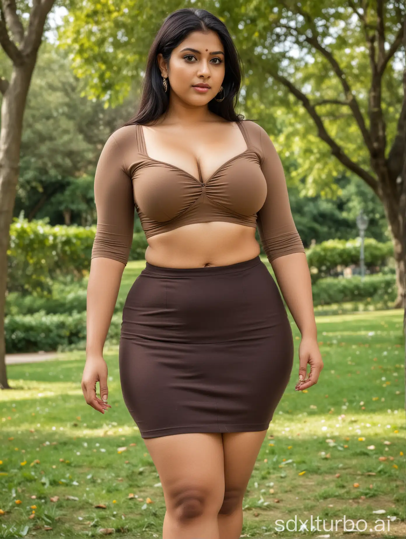Curvy-Indian-Woman-in-Mocha-Crop-Top-and-Mini-Skirt-Showcasing-Generous-Bosom-in-Crowded-Park
