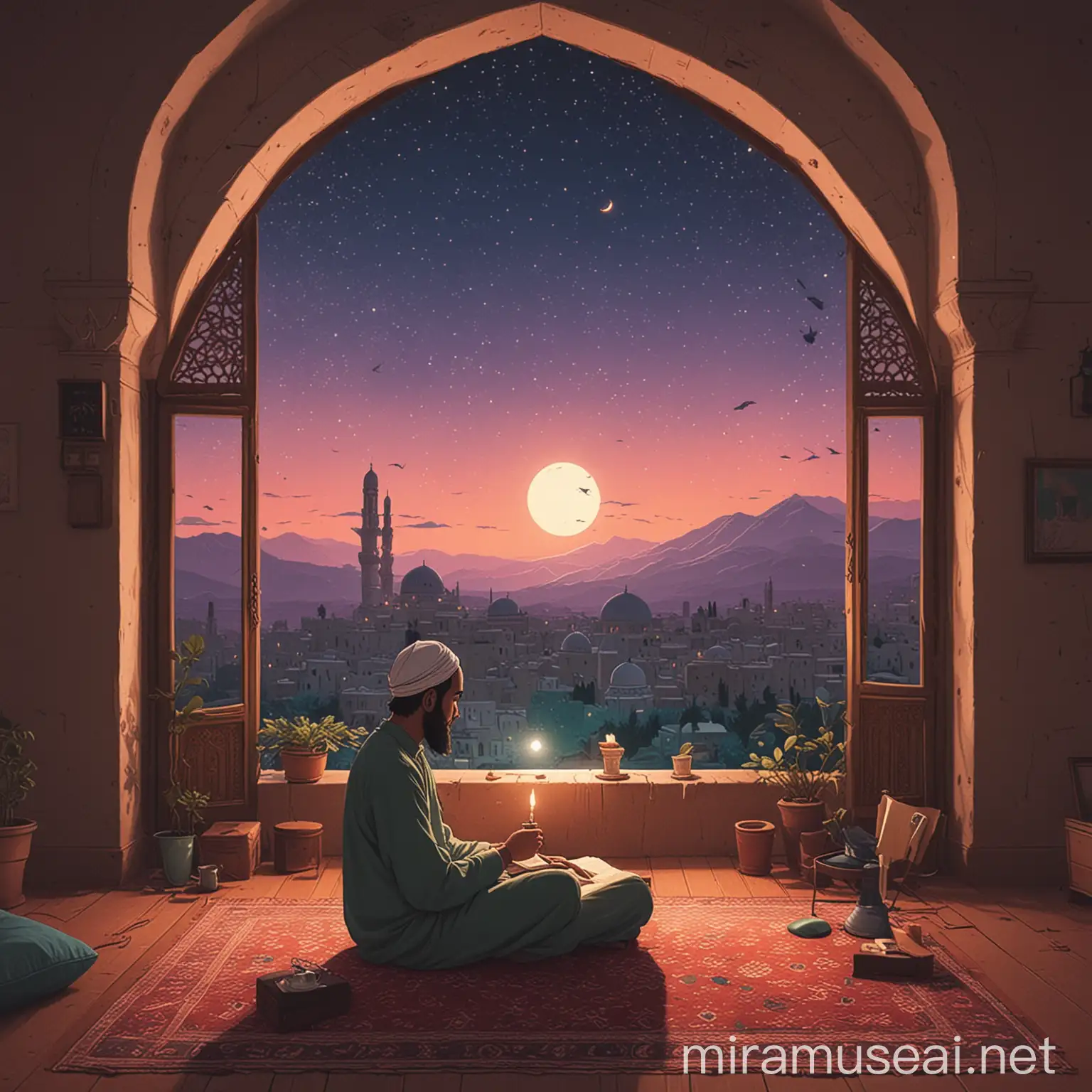 Islamic Lofi Night Tranquil Mosque Silhouetted Against Starry Sky