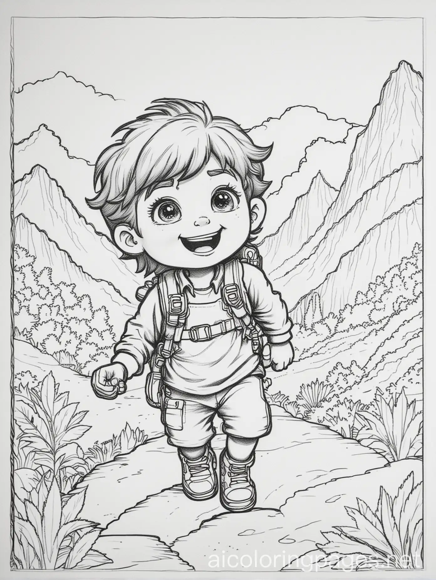Kid's Fun. Adventure, Coloring Page, black and white, line art, white background, Simplicity, Ample White Space. The background of the coloring page is plain white to make it easy for young children to color within the lines. The outlines of all the subjects are easy to distinguish, making it simple for kids to color without too much difficulty