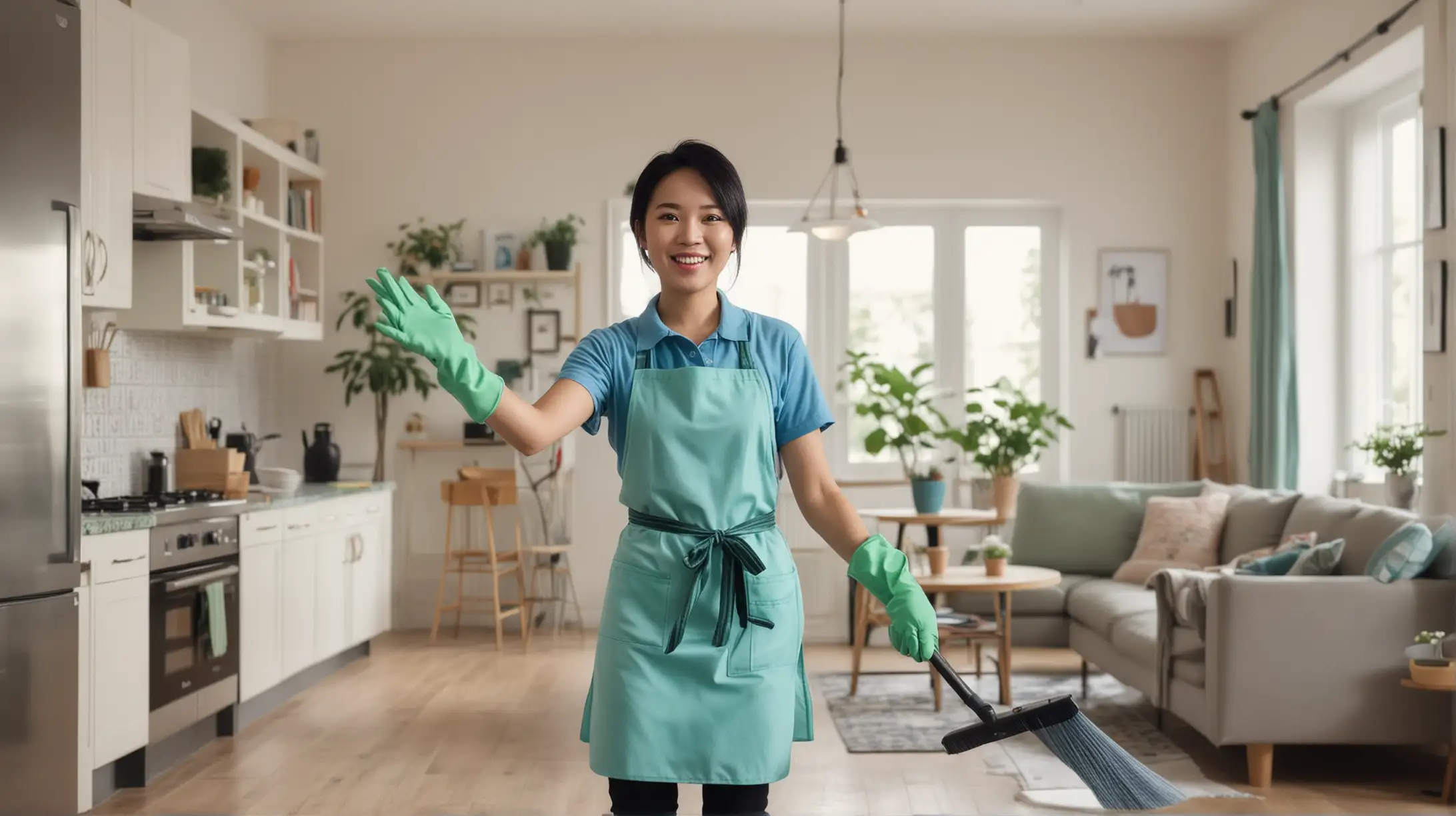Joyful Chinese Female Housekeeper Waving in Spacious Living Room