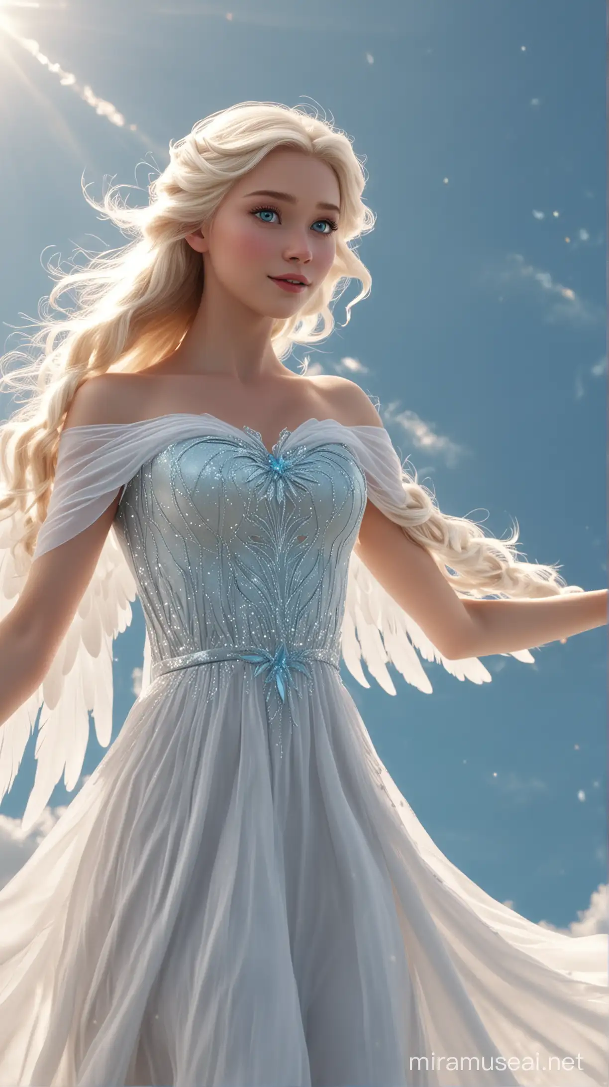 in the sky natural background an angel flies to heaven there are disney princess Elsa Norway 18-years and long platinum blonde hair and blue eyes  and celestial white dress and with large white angel wings face beautiful 8k re solution ultra-realisti