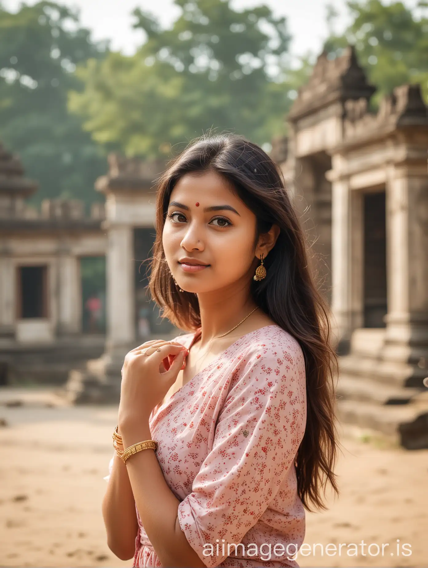 A assamese cute girl 23 years old, photoshoot in outdoor location is tample, assam, blur background but background croud is here