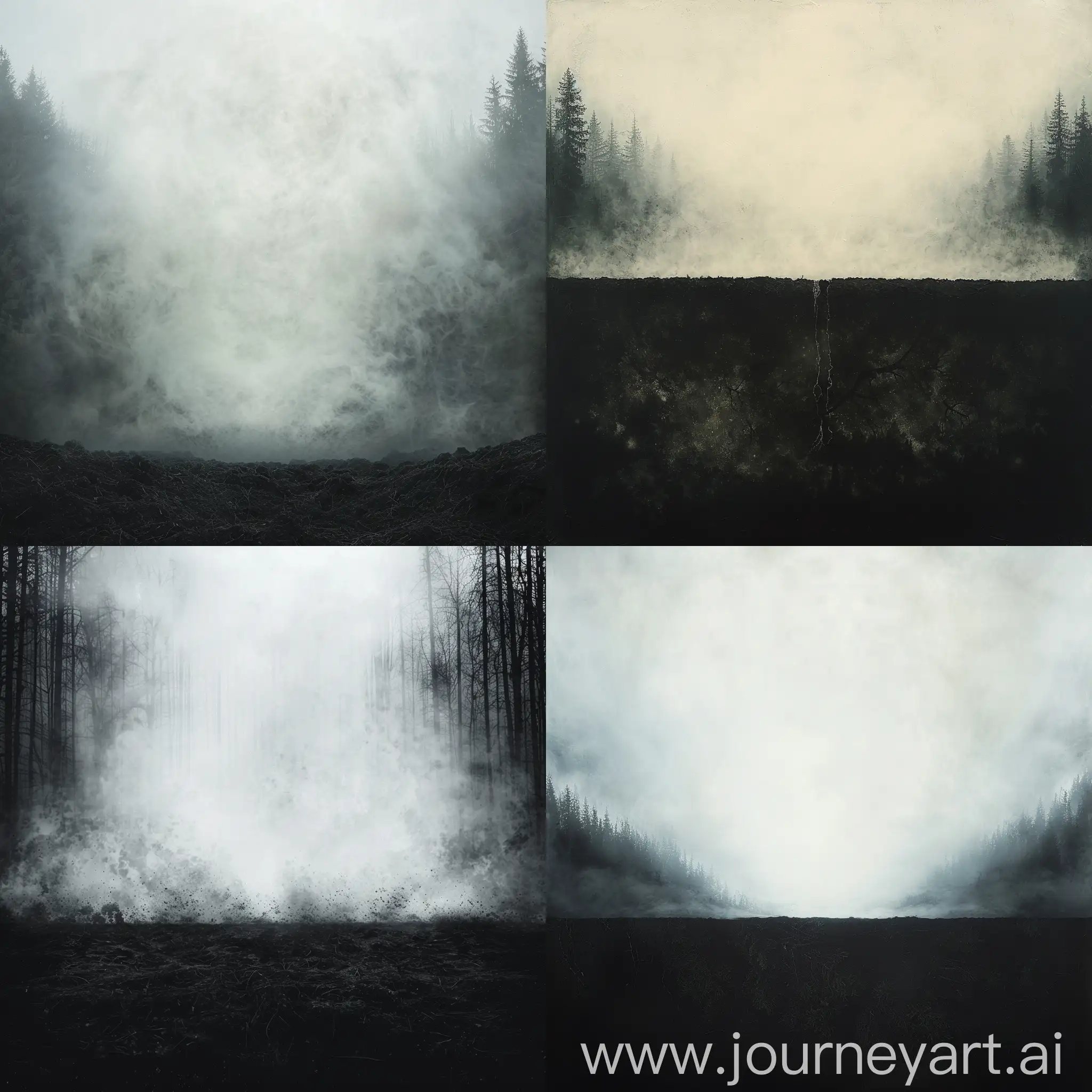 bottom, left and right sides - dark earth and forest.  the middle from above and to the ground is fog, light, ash-white. the fog in the central part completely absorbs the space, and below, to the left and to the right it slightly envelops the forest and the ground, but they, nevertheless, must be visible and readable. horror atmosphere