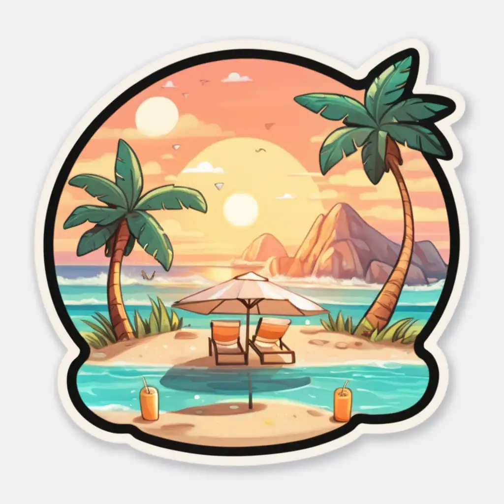 Vibrant Summer Sticker Design with Tropical Leaves and Exotic Flowers