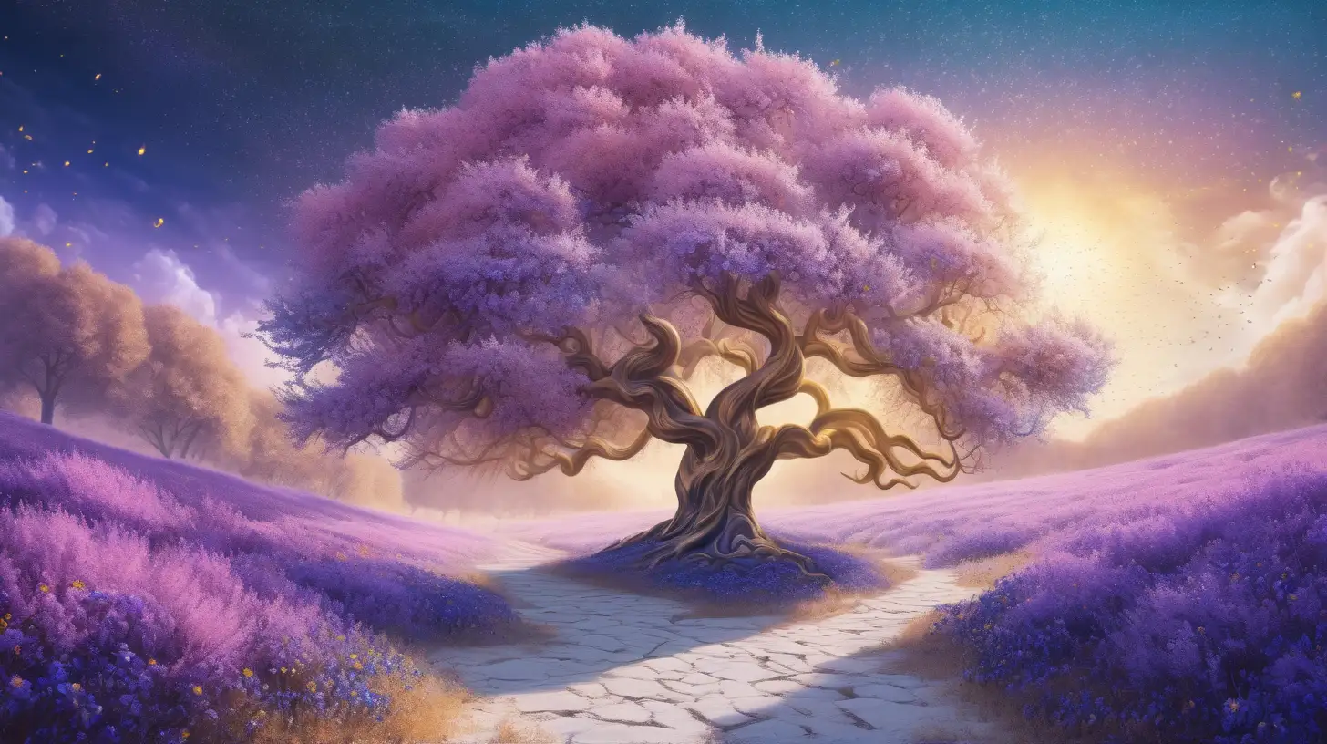 White flames on the ground. White fire on the ground. A big purple and pink floral tree, in a dreamy land, surrounded by golden dust and small dark blue flowers. Background sky with golden light. 8k, fantasy, fantasy art.
