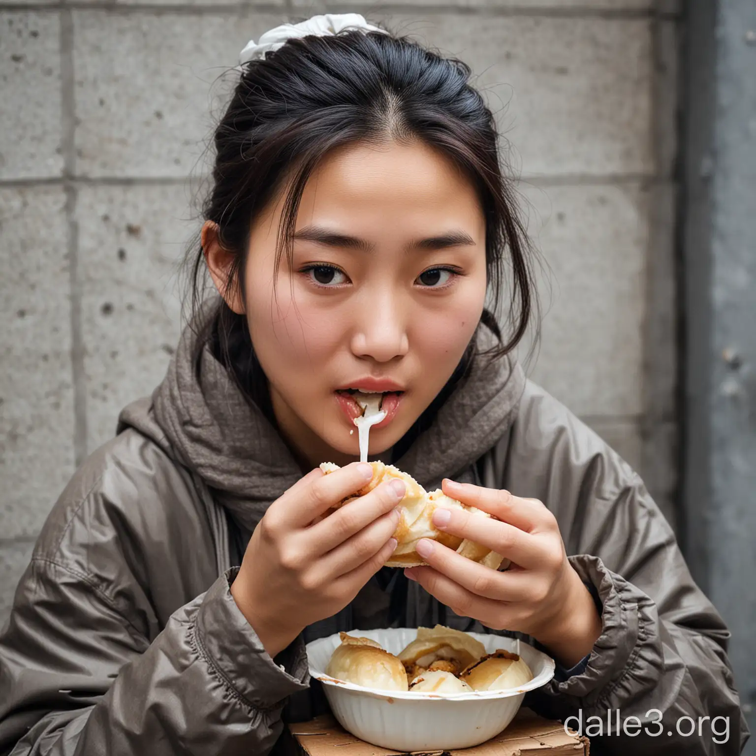 Homeless Chinese girl eating dirty baozi