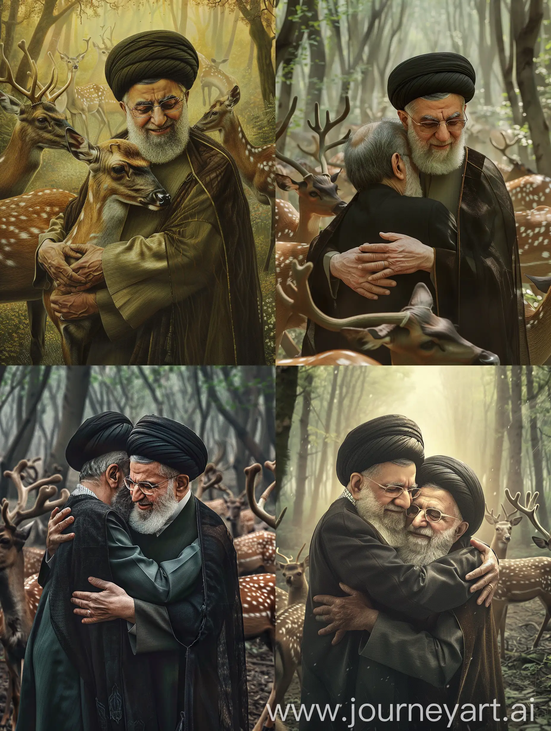 Iran's President, Martyr Ebrahim Raisi, in the embrace of Imam Mahdi, who has a radiant face, in a serene and simple forest surrounded by deer, in 8K quality with high precision.