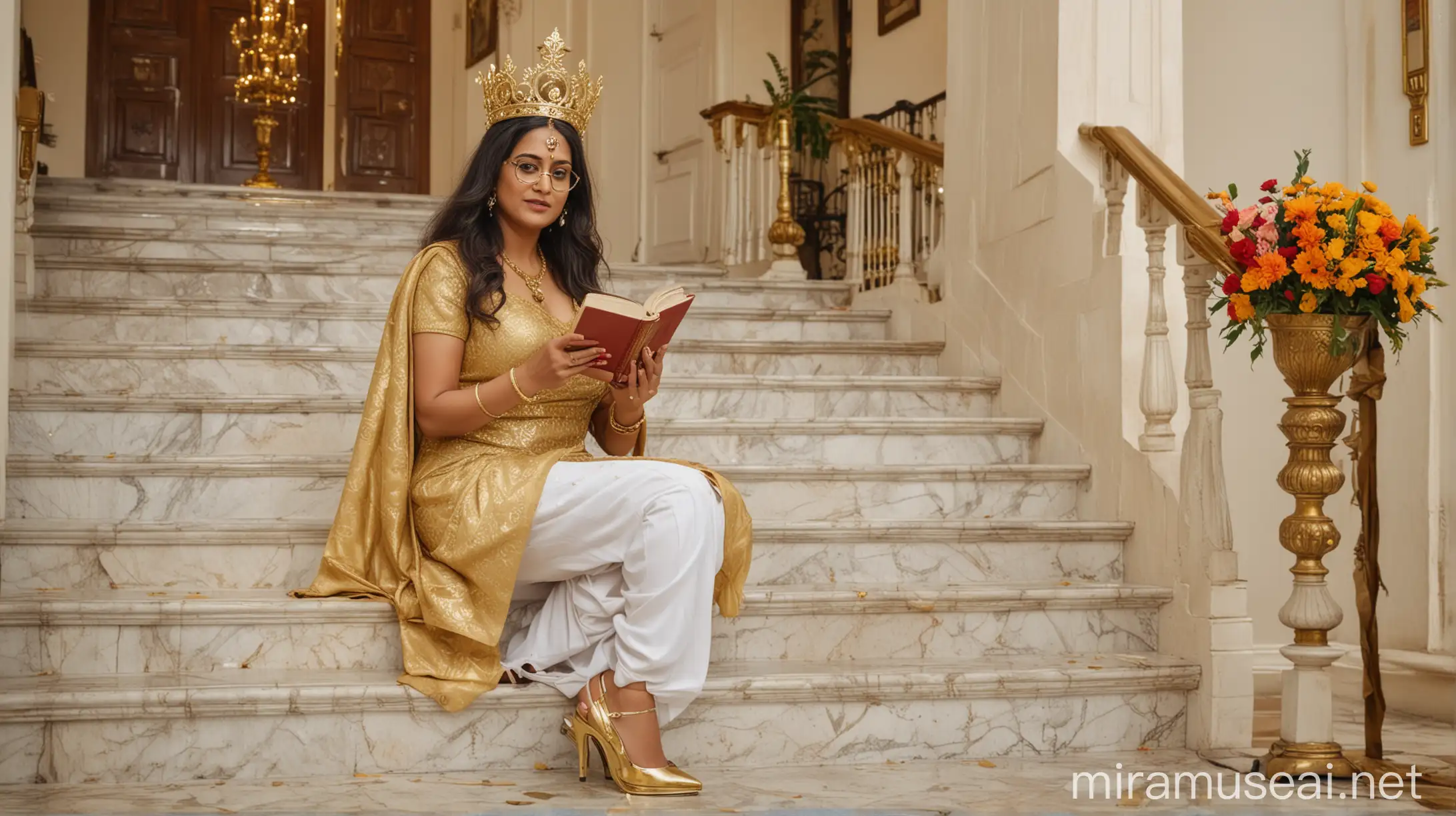 a 47 years old  fat mature  indian woman  backside , with curvy figure , long dense hair, wearing a  golden crown  on head , golden spectacles on face, wet Adult Call the Shots Nurse Costume ,  wearing a flower garland on neck , white high heels  on feet  , doing squat exercise , near a royal luxurious golden chair, holding a book and wearing a lots of gold ornaments, happy and smiling near  royal luxurious marble stairs , its evening time and a lots of peacocks  are there and lights are there 