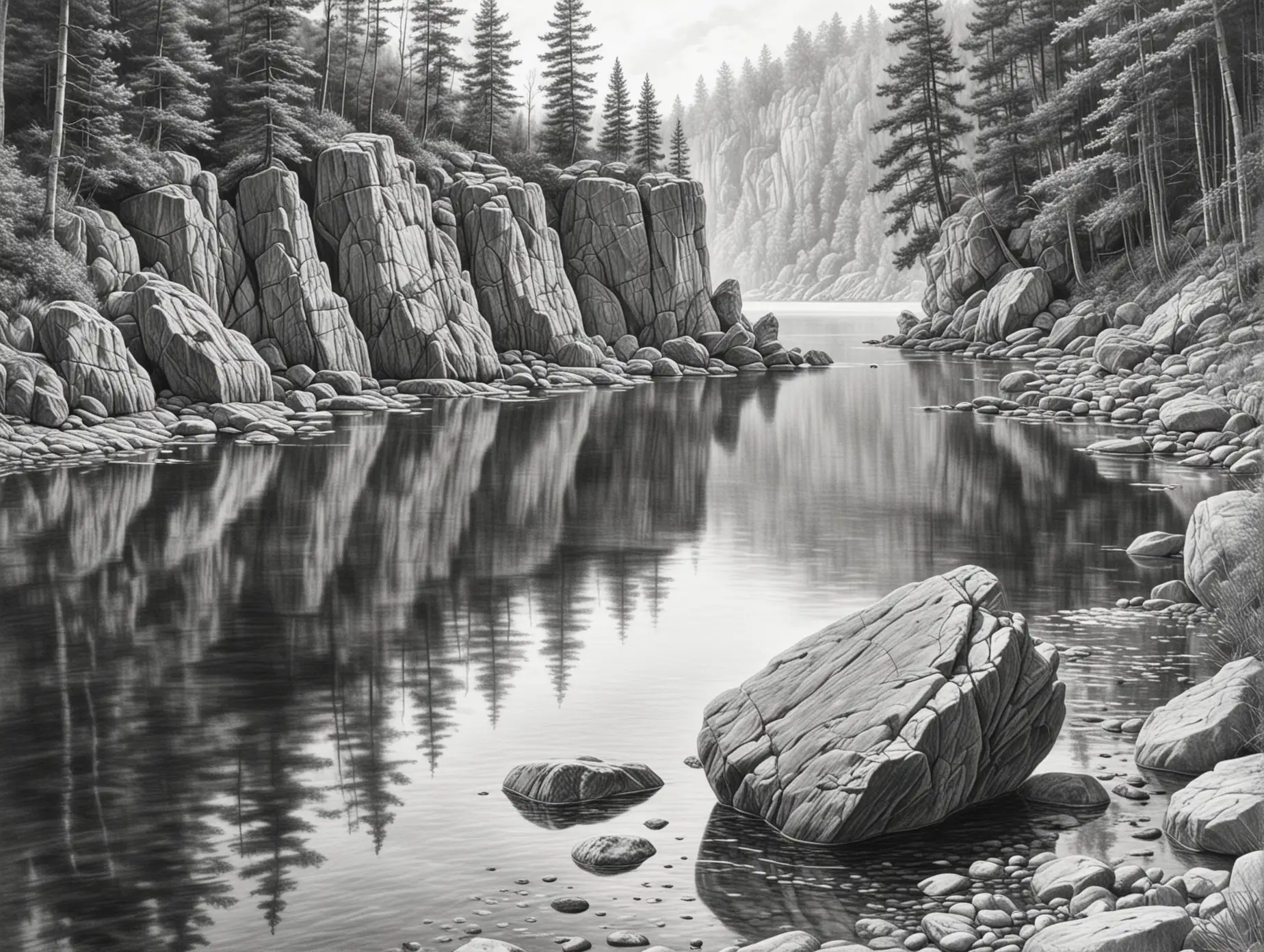 реалистичный рисунок в стиле карандашной графики  скала на берегу озера максимально приближенная к представленному фото