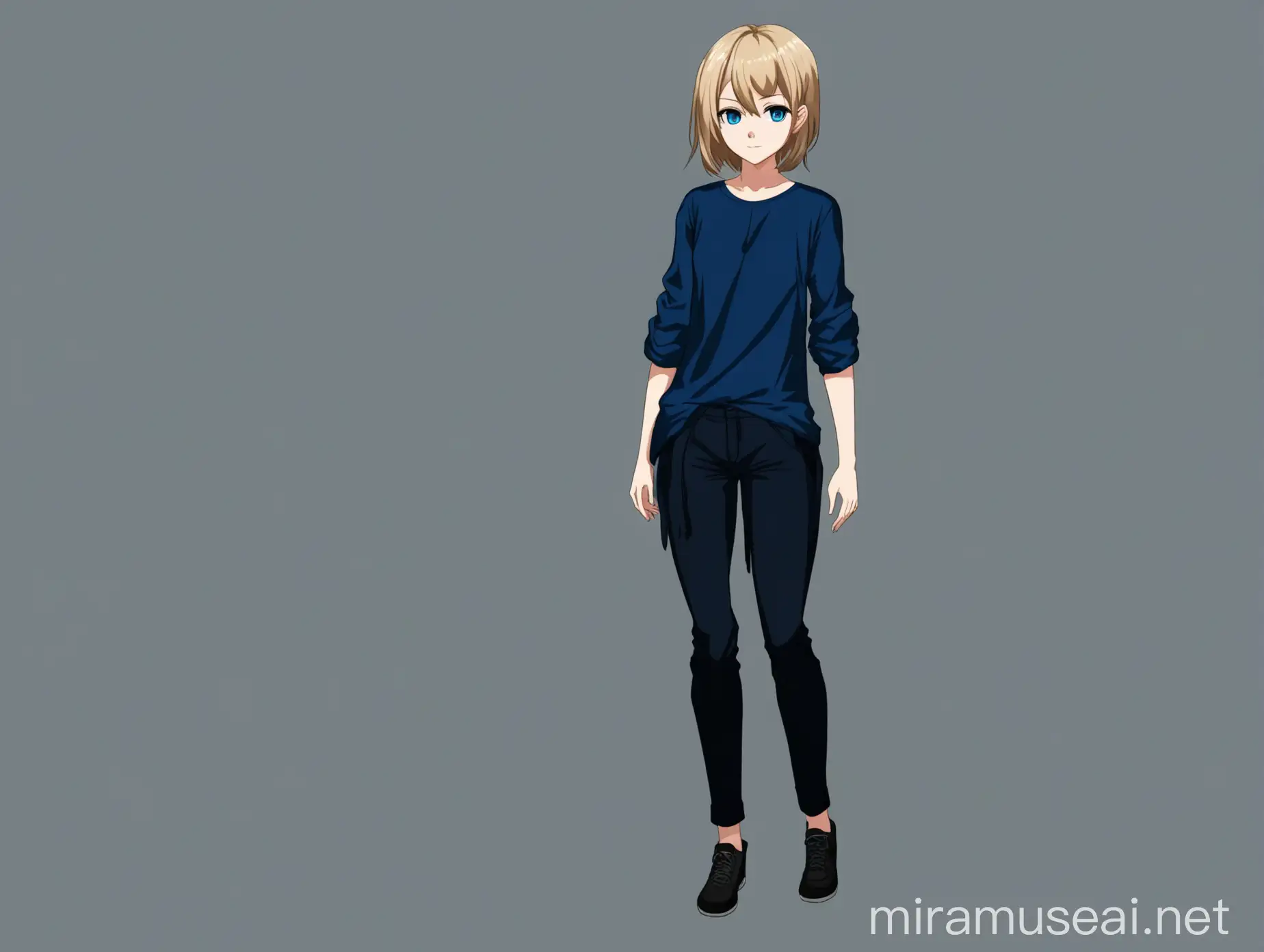 Anime Character with Short Dark Blonde Hair and Dark Blue Eyes in Contemporary Clothing