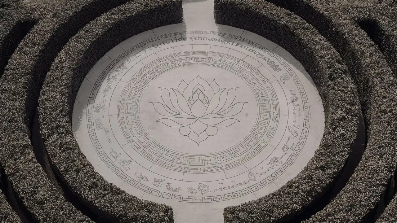 Aerial view of the entire center of hedge garden, large round center with inscriptions on the ground and in the center is an inscription of lotus flower. illustration line art style.