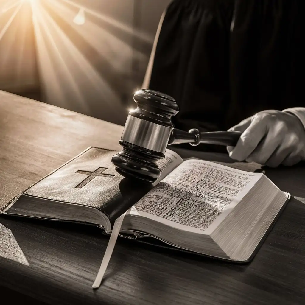 Eine Bibel mit einem Kreuz auf dem Cover, die auf einem Richterpult liegt und der Richterhammer wird darauf geschlagen.