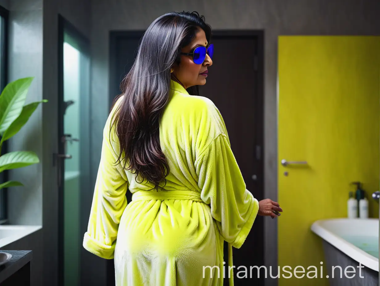 a mature  indian woman  backside , with curvy figure , long dense hair, wearing a wet neon velvet lemon color bath robe wearing a sunglasses on face 