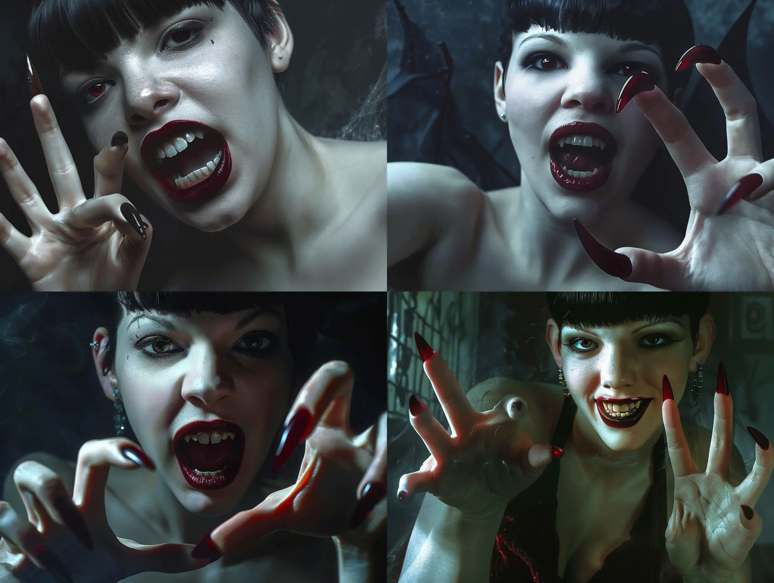 Photorealism nightmare scene of a monstrous female vampire with long, curved, pointed nails, exuding an aggressive and terrifying presence. Her pointed, crooked teeth form a scary expression amidst a dark and atmospheric setting. The high-quality depiction should capture the aggressive attack, emphasizing her predatory fangs and detailed nails in a hyper-realistic manner. The lighting should contribute to the horror atmosphere, ensuring a full-body portrayal with realistic hyper-detail. The character design should convey a playful yet menacing quality, with full anatomical accuracy including distinctly human hands with five fingers. The final image must be very clear without flaws, portraying the vampire with unparalleled photorealism.