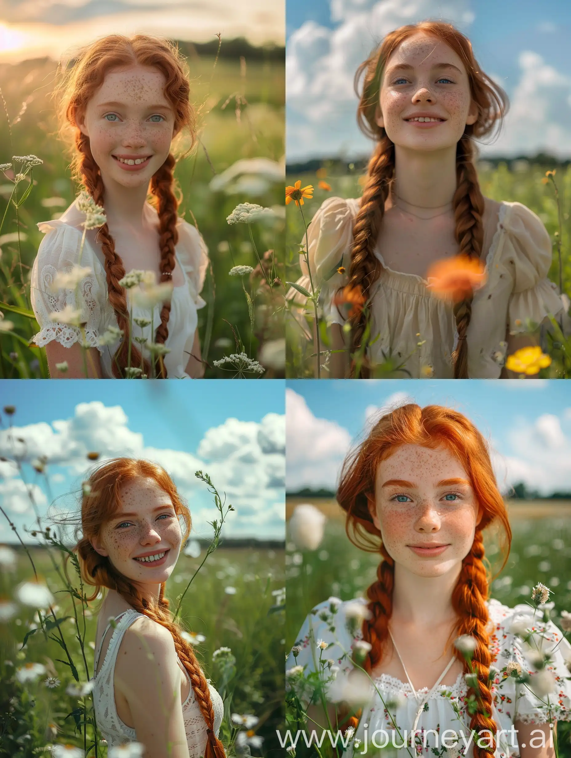 Smiling-RedHaired-Girl-with-Braids-in-Sunny-Flower-Field