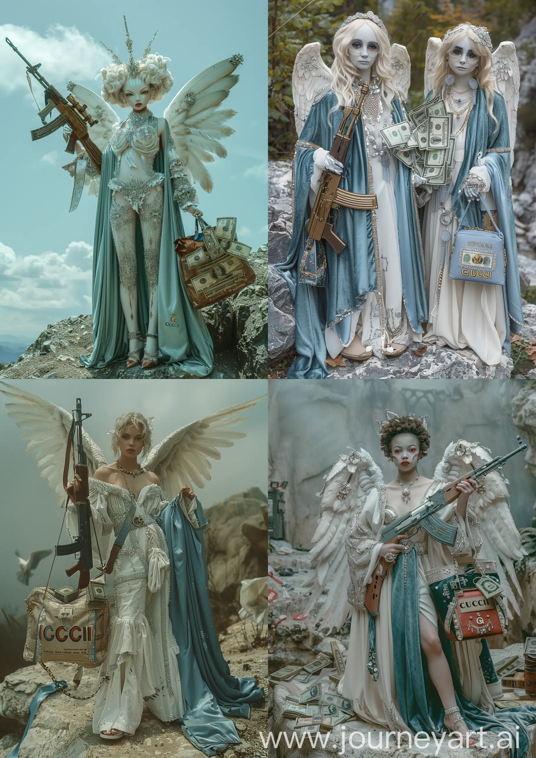  an Impressionist photography of two dramatic futuristic female angel in the manner of Edward Burne-Jones, with a dramatic face, adorned in white clothes with diamond embellishments and blue silk robes, holding a realistic kalashnikov and a GUCCI bag full of money, standing on a rock, high tones, detailed, full body, otherworldly atmosphere, shot with a 35mm lens --c 22 --s 750 --v 6.0 --ar 5:7