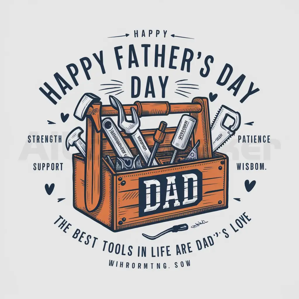 a logo design,with the text "Happy Fathers Day", main symbol:Happy Father's DaynImage: A toolbox filled with tools, but each tool is cleverly designed to represent aspects of fatherhood.nA hammer labeled 'Strength'nA wrench labeled 'Support'nA screwdriver labeled 'Guidance'nA tape measure labeled 'Patience'nA saw labeled 'Wisdom'nThe toolbox itself could have a heart or 'Dad' inscribed on it.nTop of the Graphic: 'Happy Father's Day'nBottom of the Graphic: 'The Best Tools in Life Are Dad's Love'nFont: Use a strong, bold font for 'Happy Father's Day' and a script or handwritten font for the quote at the bottom.nColor Scheme:nToolbox and Tools: Use realistic colors, with some creative liberties to make it visually appealing (e.g., gold accents on tools).nText: Use a combination of navy blue and white to contrast well with the sweatshirt color.nSmall hearts or stars around the toolbox to add a touch of warmth and celebration.,complex,clear background