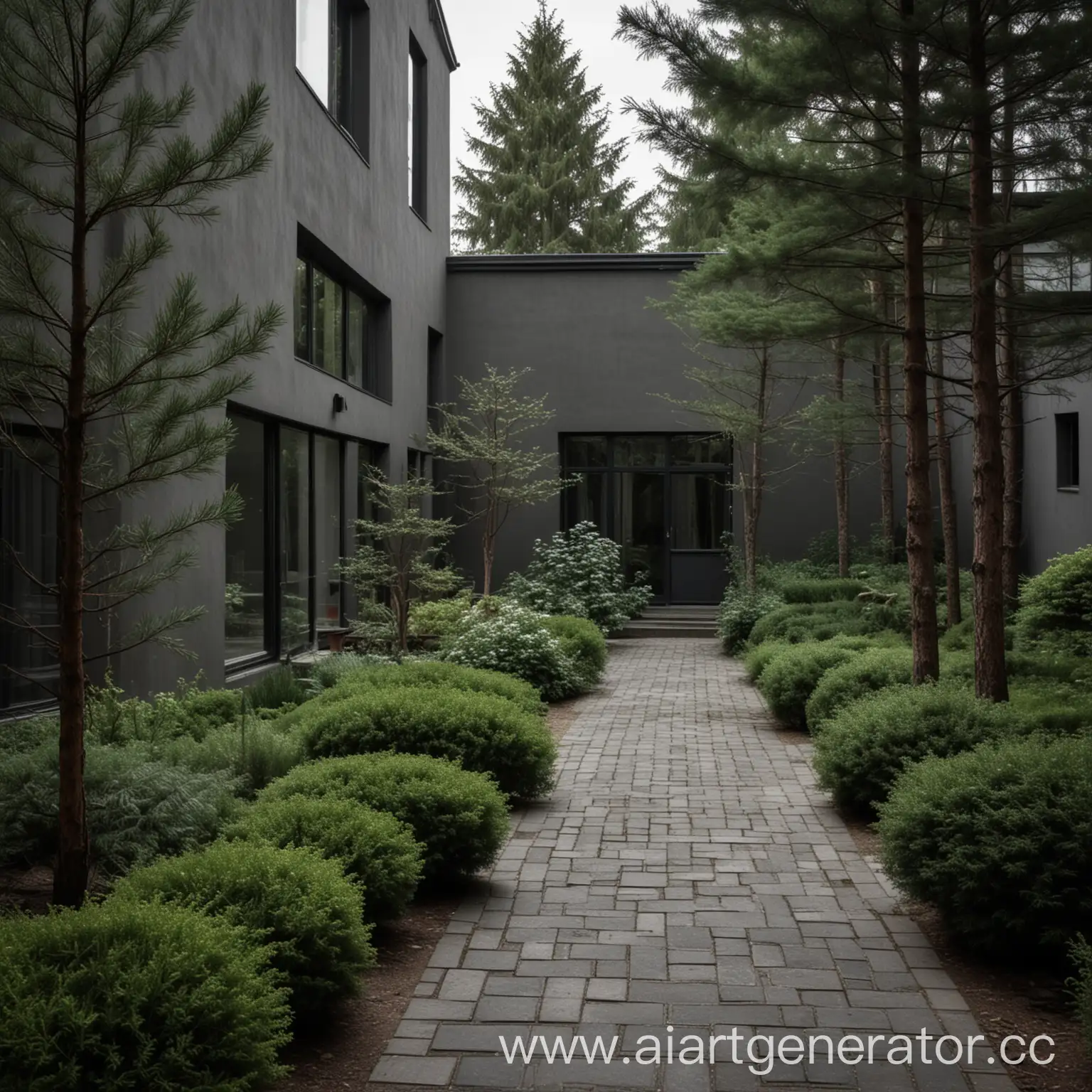 Modernist-House-Courtyard-with-Dark-Toned-Landscape-Design-and-Spruce-Forest-Background
