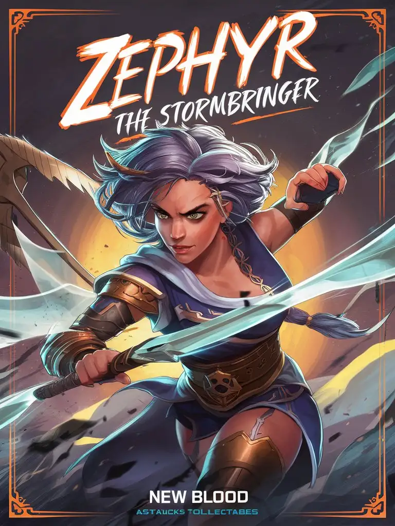 design a 8k card bold title: 'New Blood Collectables' featuring"Zephyr, the Stormbringer" the "Aeolian Assassin" with a detailed illustration, flaming border
Stats:
- Strength: 6/10
- Speed: 9/10
- Intelligence: 8/10
- Fear Factor: 7/10
Abilities:
- Storm's Fury: Zephyr's attacks deal damage and briefly stun enemies
- Wind Slash: Zephyr summons a slash of wind, dealing damage to enemies
- Aeolian's Grace: Zephyr's presence boosts nearby allies' speed and agility
- Cyclone's Wrath: Zephyr summons a cyclone, damaging enemies and structures
Description: Zephyr is an aeolian assassin who summons the winds and storms to do her bidding. Her storm's fury and wind slash abilities can devastate enemies, while her aeolian's grace boosts her allies' speed and agility.