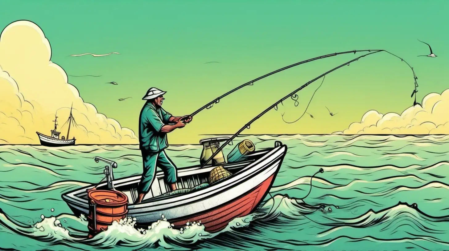 Cartoony color.  Wide shot of a fisherman catching a fish off the side of a white boat.  The sea is still...