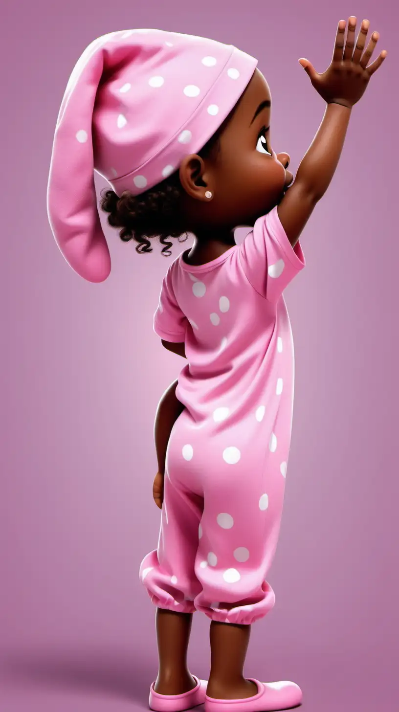 Cartoon african american 9 ear old little girl wearing pink pajamas and a pink bonnet turned around facing away with her arm and hand stretched out reaching, can only se the back of her