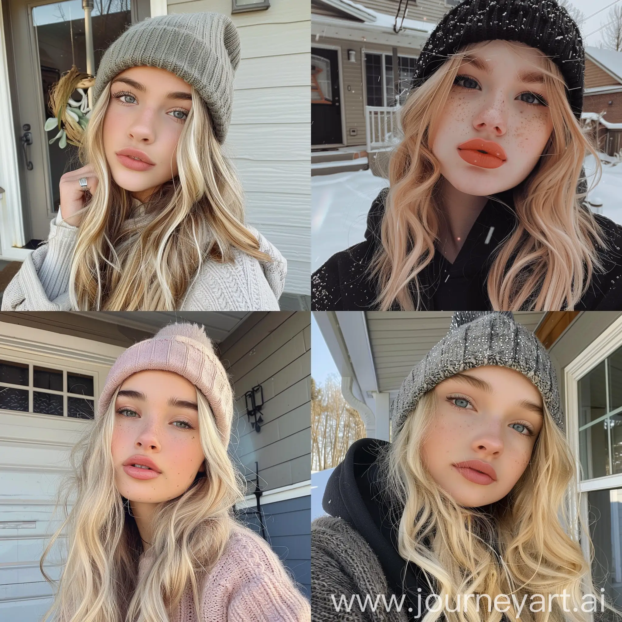 Aesthetic Instagram selfie of a teenage girl in front of house, adorable, cute, matte makeup, blonde, beanie, close up selfie 