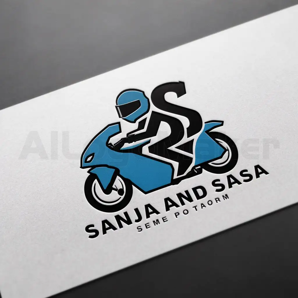 a logo design,with the text "Sanja and Sasa", main symbol:two letters S with helmets driving blue motorcycle,Moderate,clear background