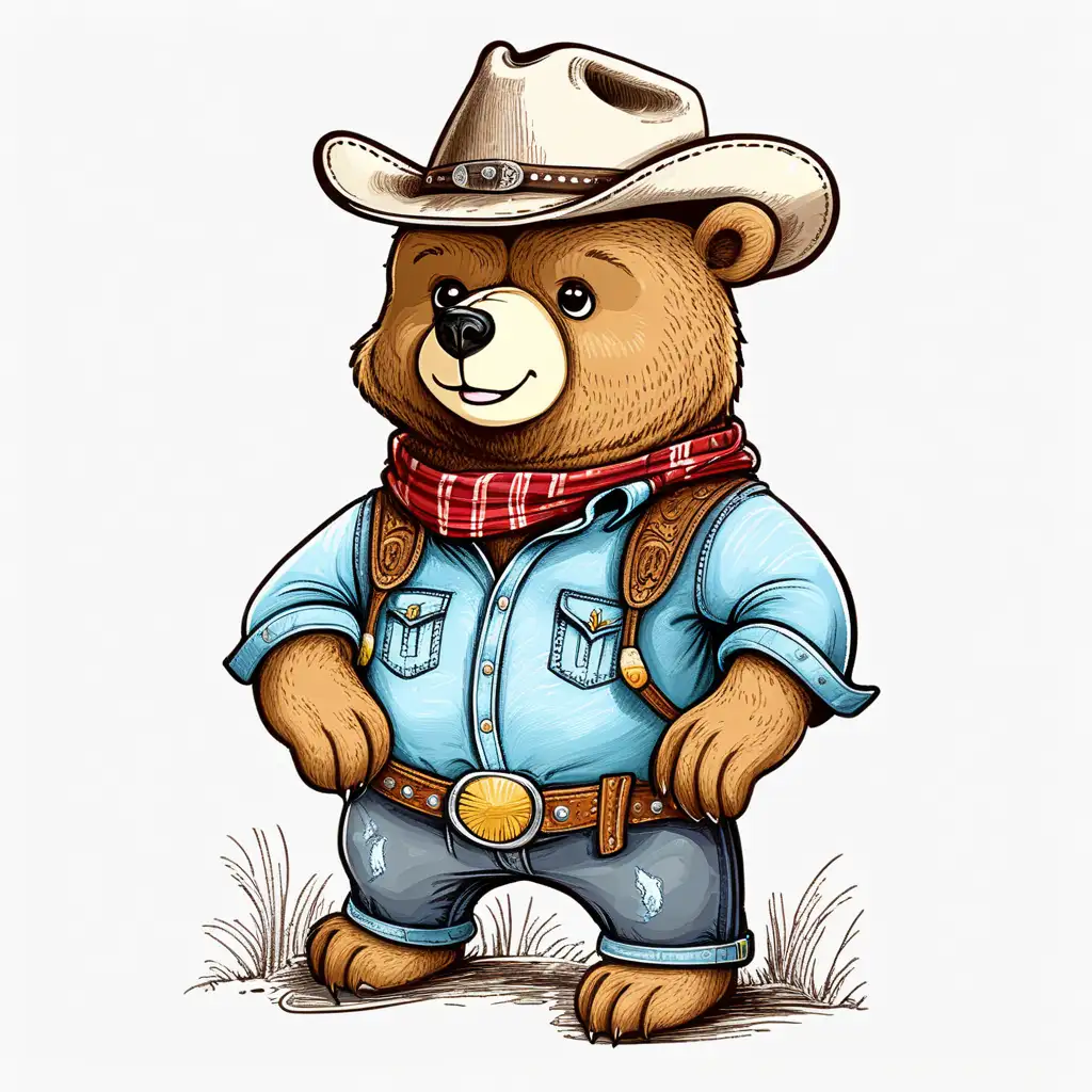 Cartoon Bear Cowboy Sketch Western Style TShirt Design