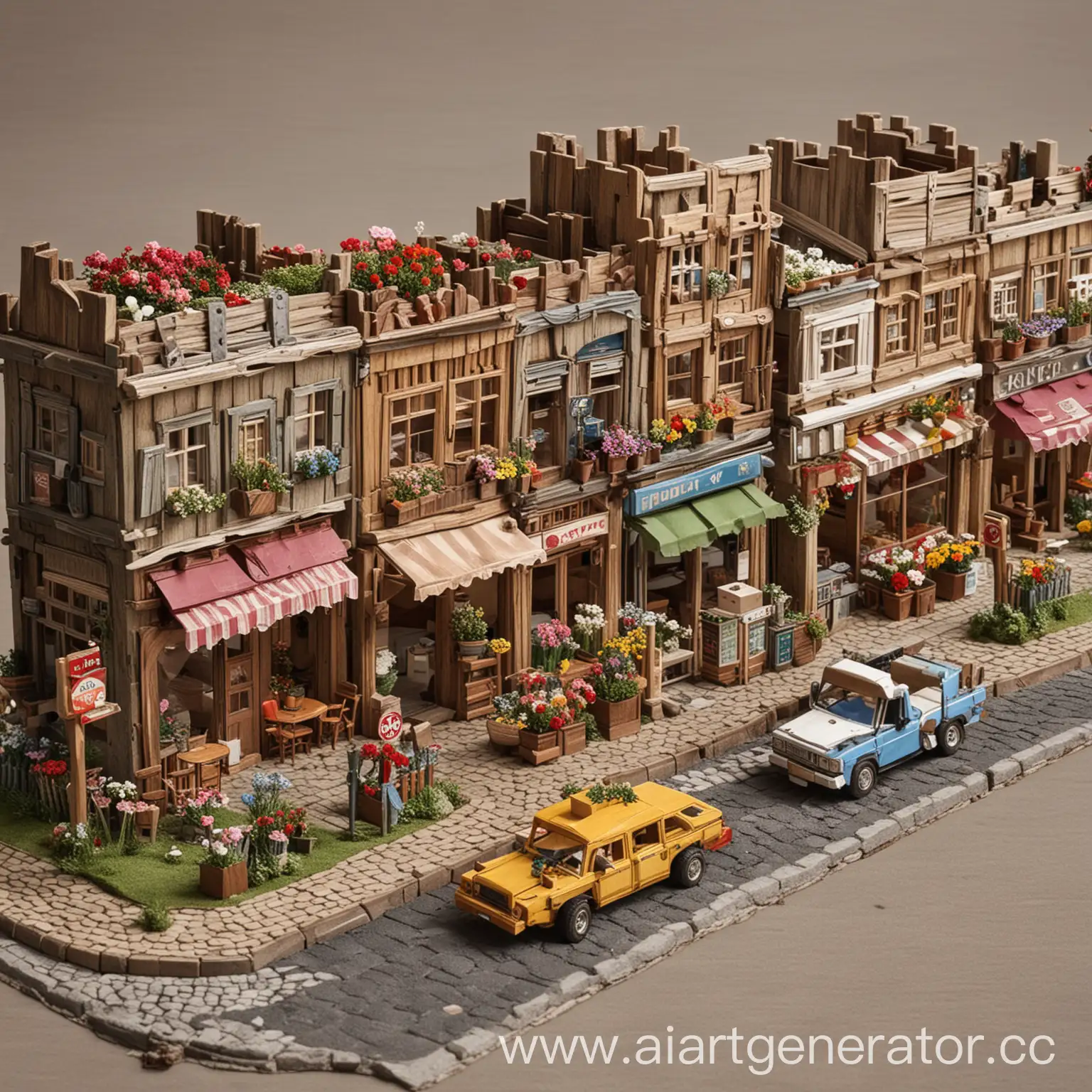 Дорога с автомобилями, с кафе, цветочными магазинами, аллеей, собранный из деревянного конструктора