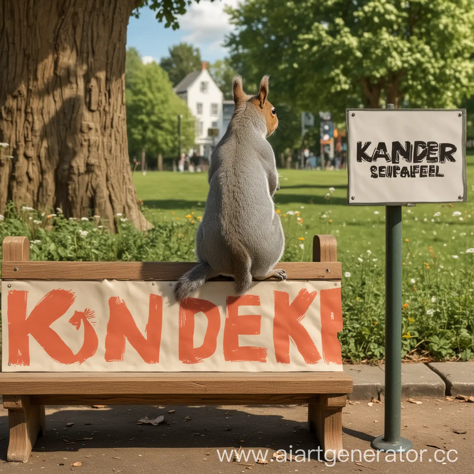 Curious-Cartoon-Squirrel-Observing-Kander-Banner-on-Bench