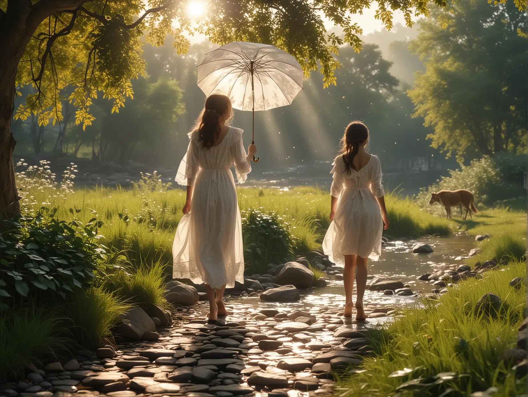 Sunlight shines through the leaves, there is a clear river, 8k, cobblestone streets, a girl holding an oil paper umbrella, high-spiritedly striding along in a white luxurious dress, various animals running and playing on the grassland, unique light and shadow effects, 8k
