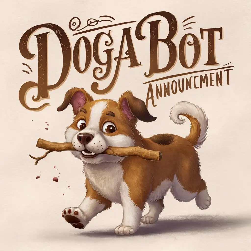 Сделай мультяшную собаку с палкой вотру, красивым текстом напиши - Doga Play Bot Announcement