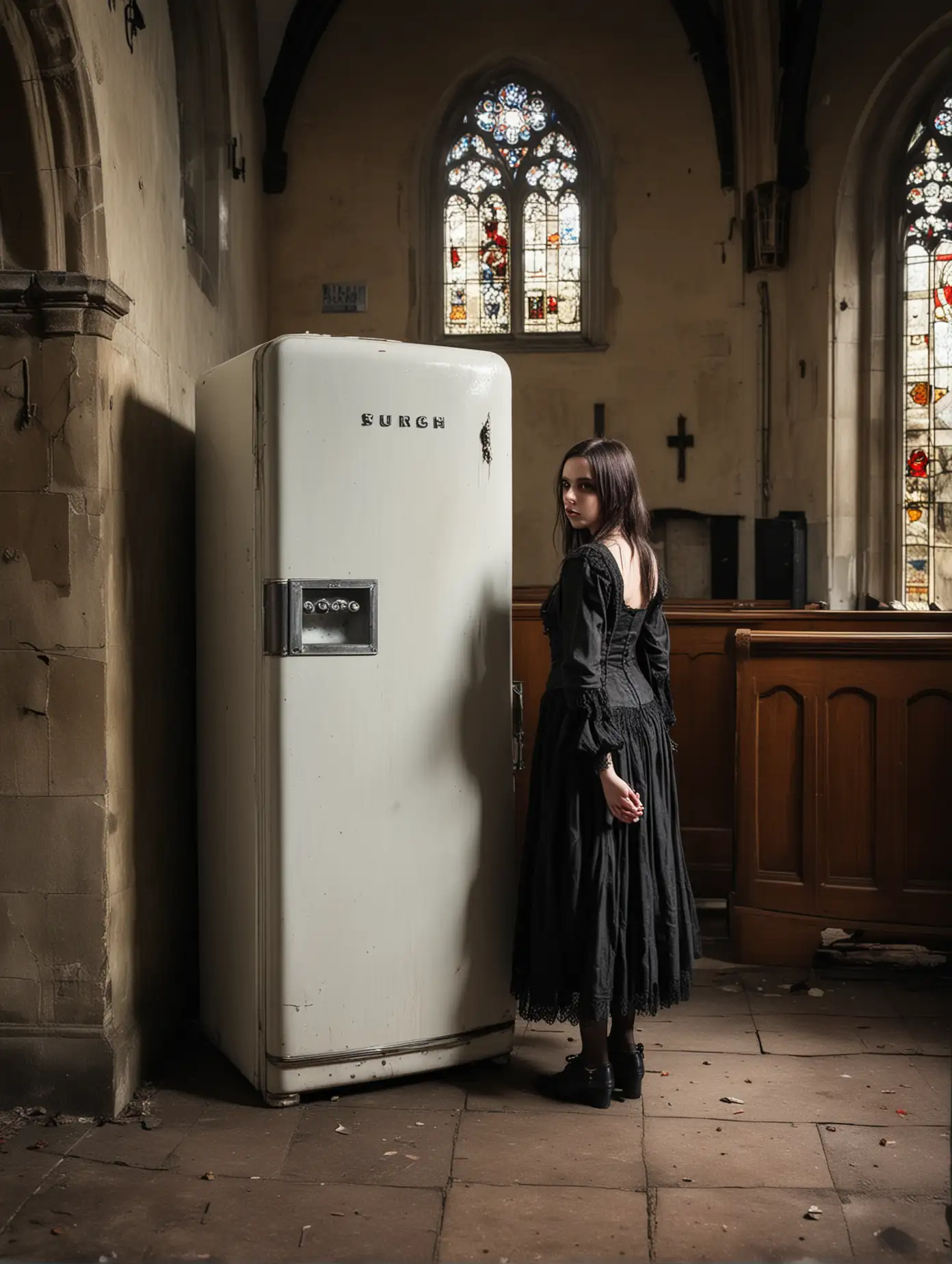 Gothic Girl Standing by Old Refrigerator in Church Hall