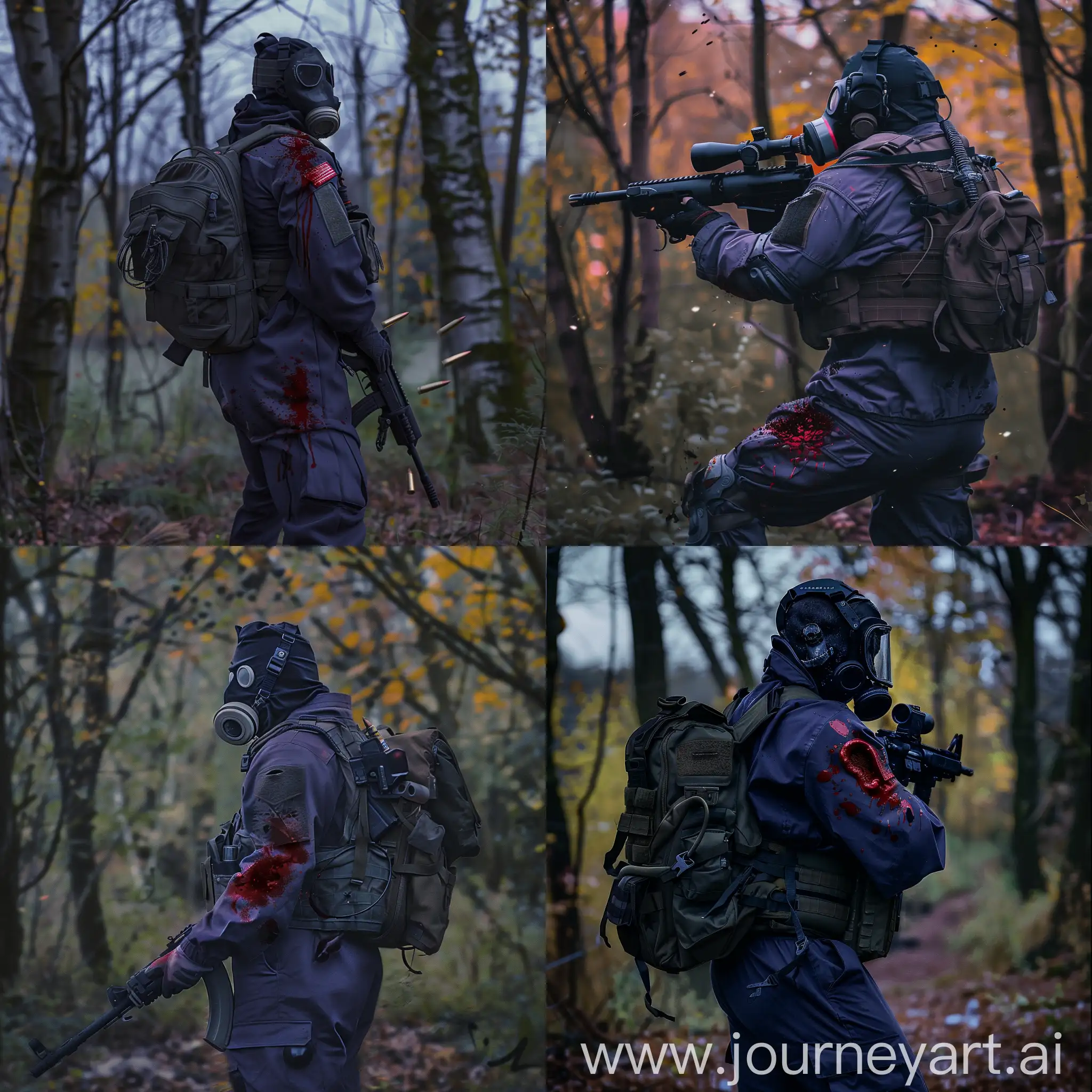 Dead mercenary stalker, dark purple military jumpsuit, hazmat protective gasmask on his face, small military backpack, military unloading on his body, sniper rifle in his hands, gloomy autumn forest.
