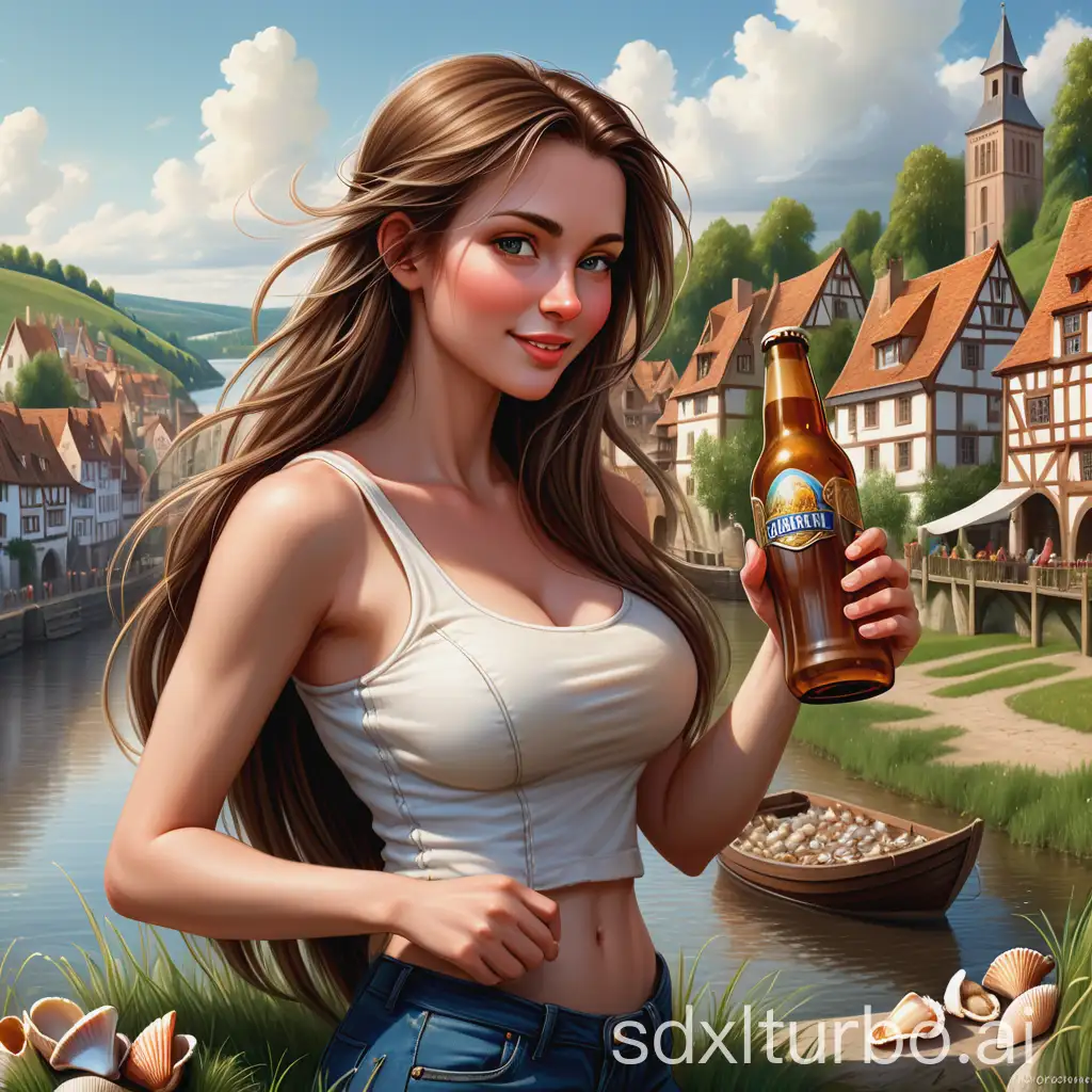 Riverside-Serenity-Medieval-Townscape-with-Windswept-Woman-and-Beer