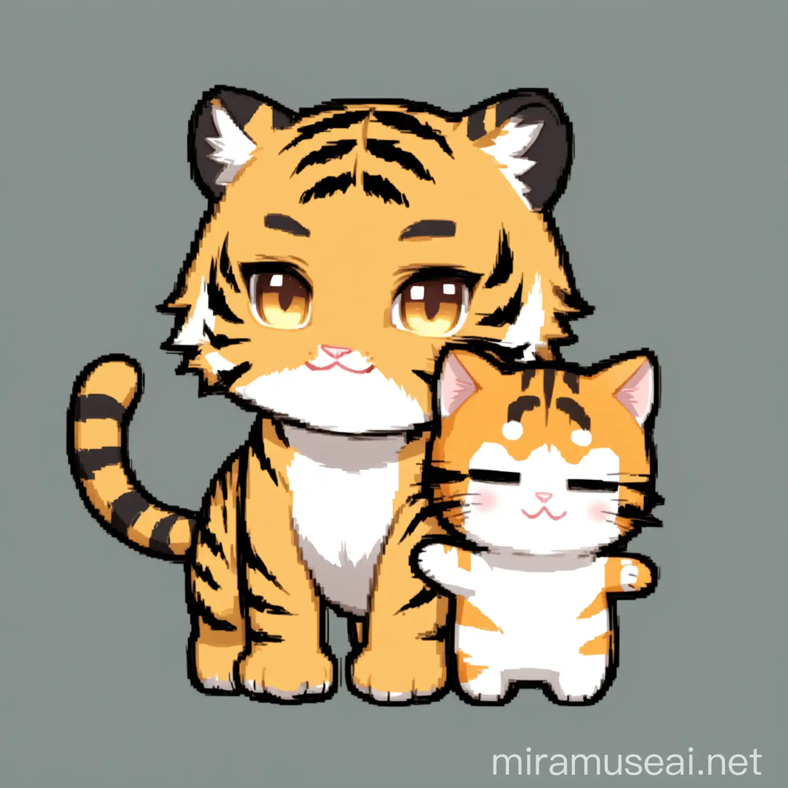 Chibi Tiger and Cat Playing Together in a Whimsical Forest Scene