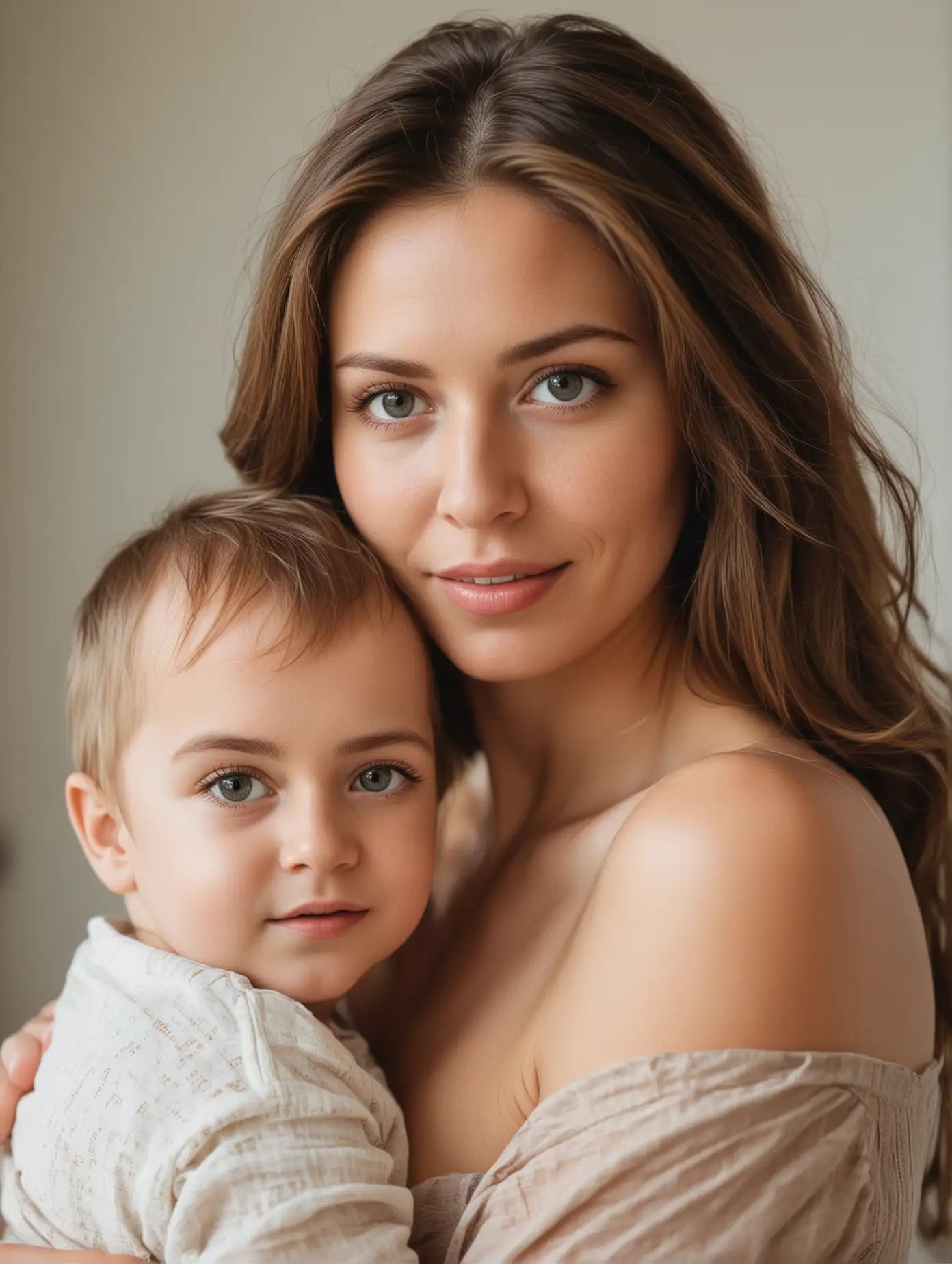 A beautiful woman faces the camera and holds a child