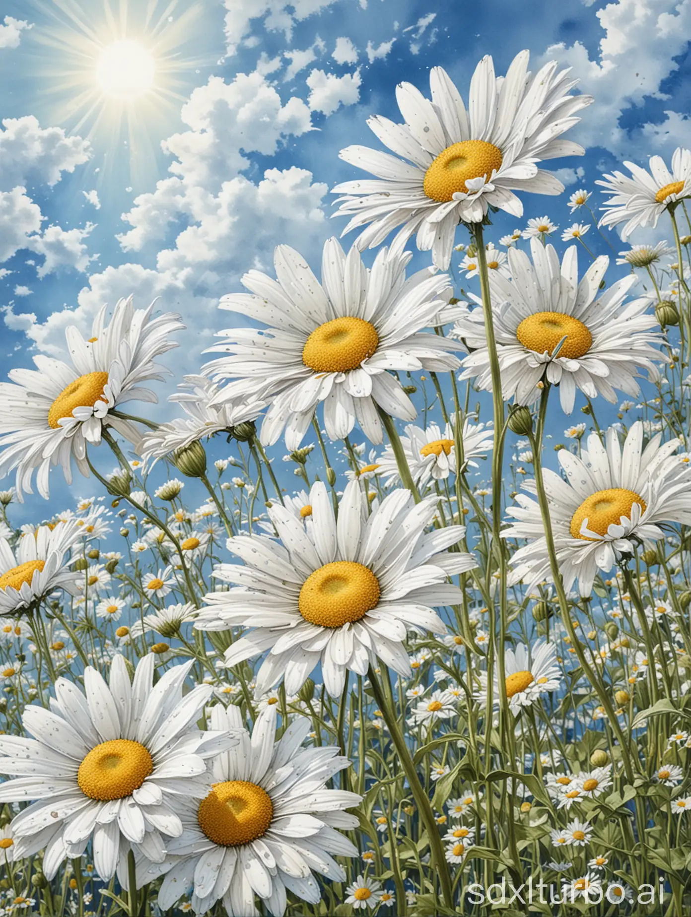 a field of beautiful large white daisies under a blue summer sky, delicate detailed drawing and elaborate watercolor painting