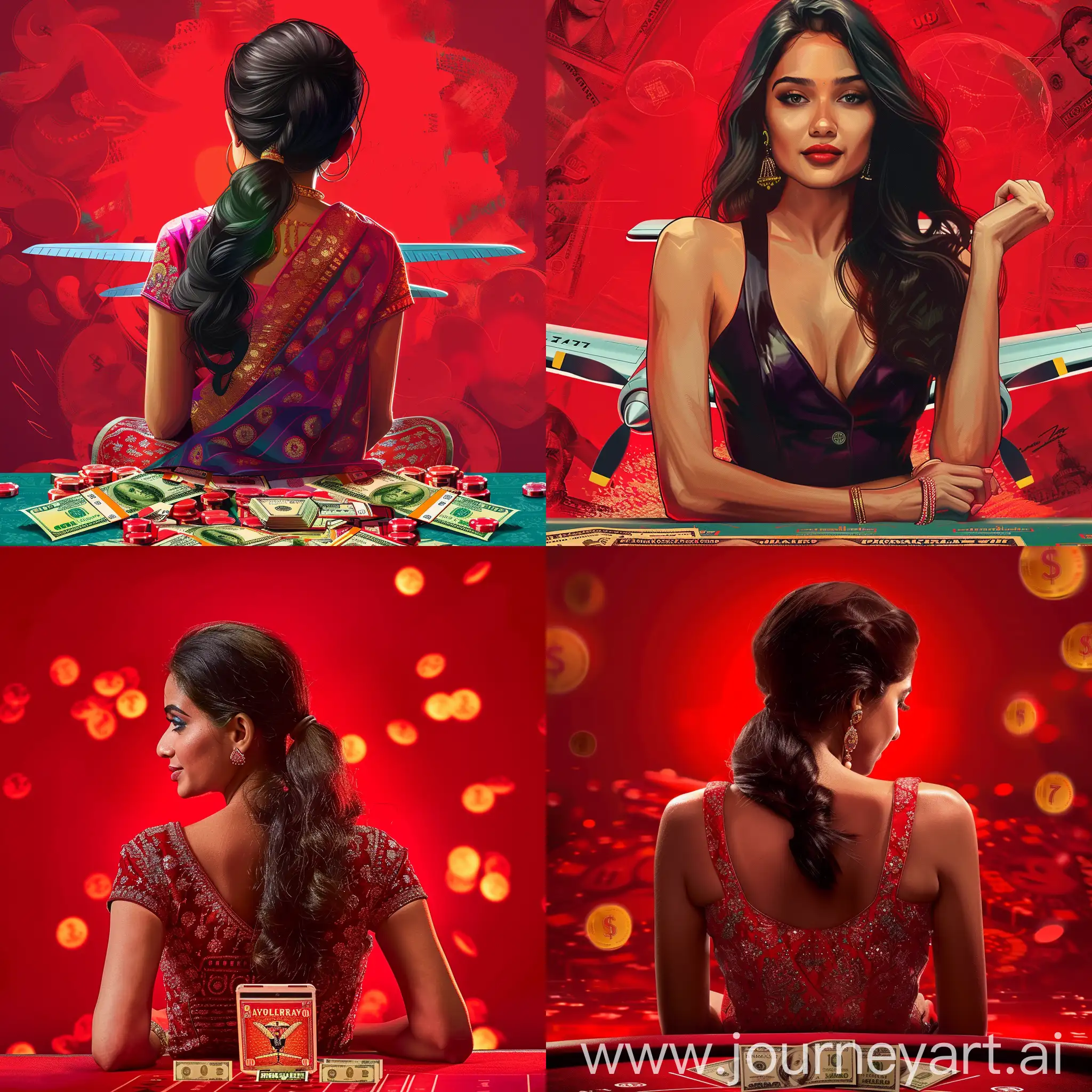 An Indian girl advertises an aviator online casino, with a red background at the back and Indian rupees money at the bottom