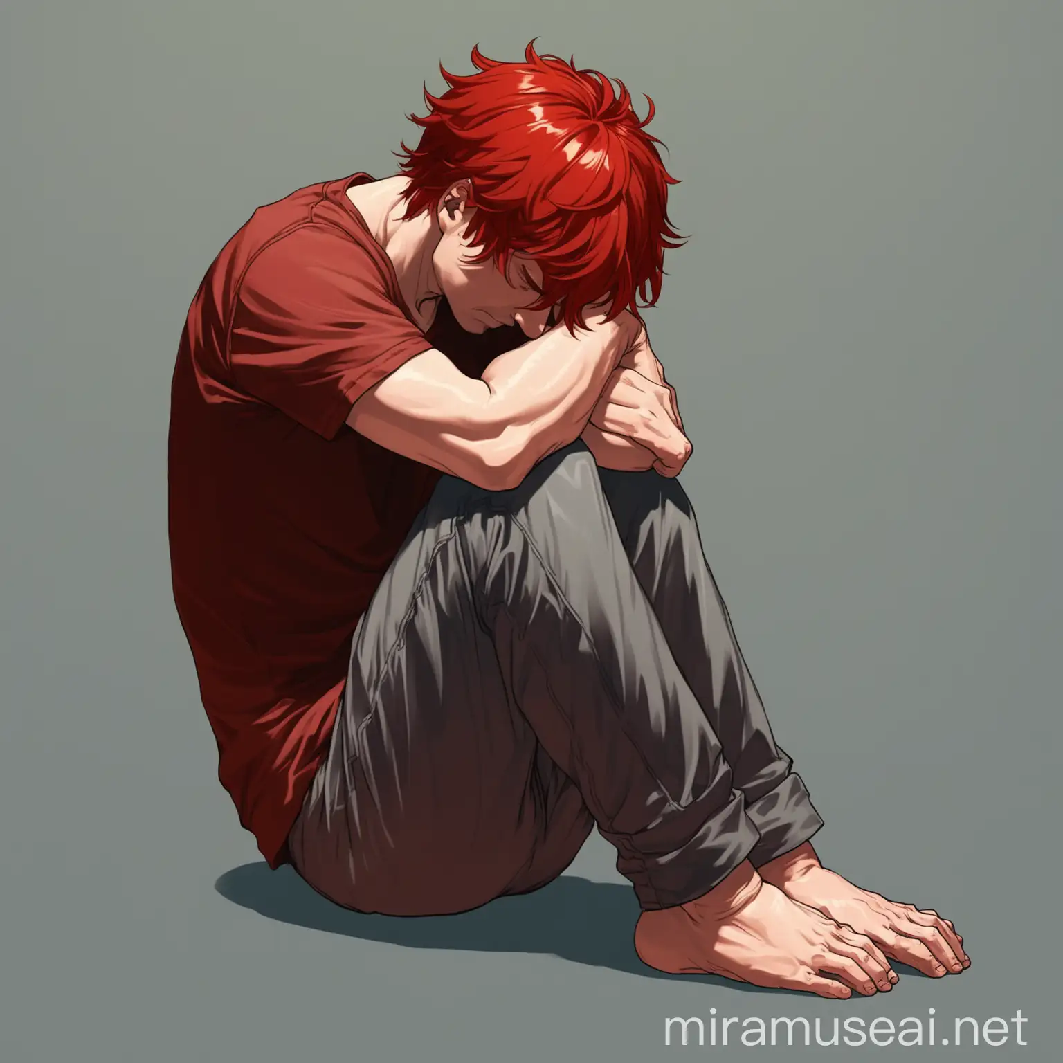 male adult character with red hair. he is in a fetal position, deep in his own thought. 